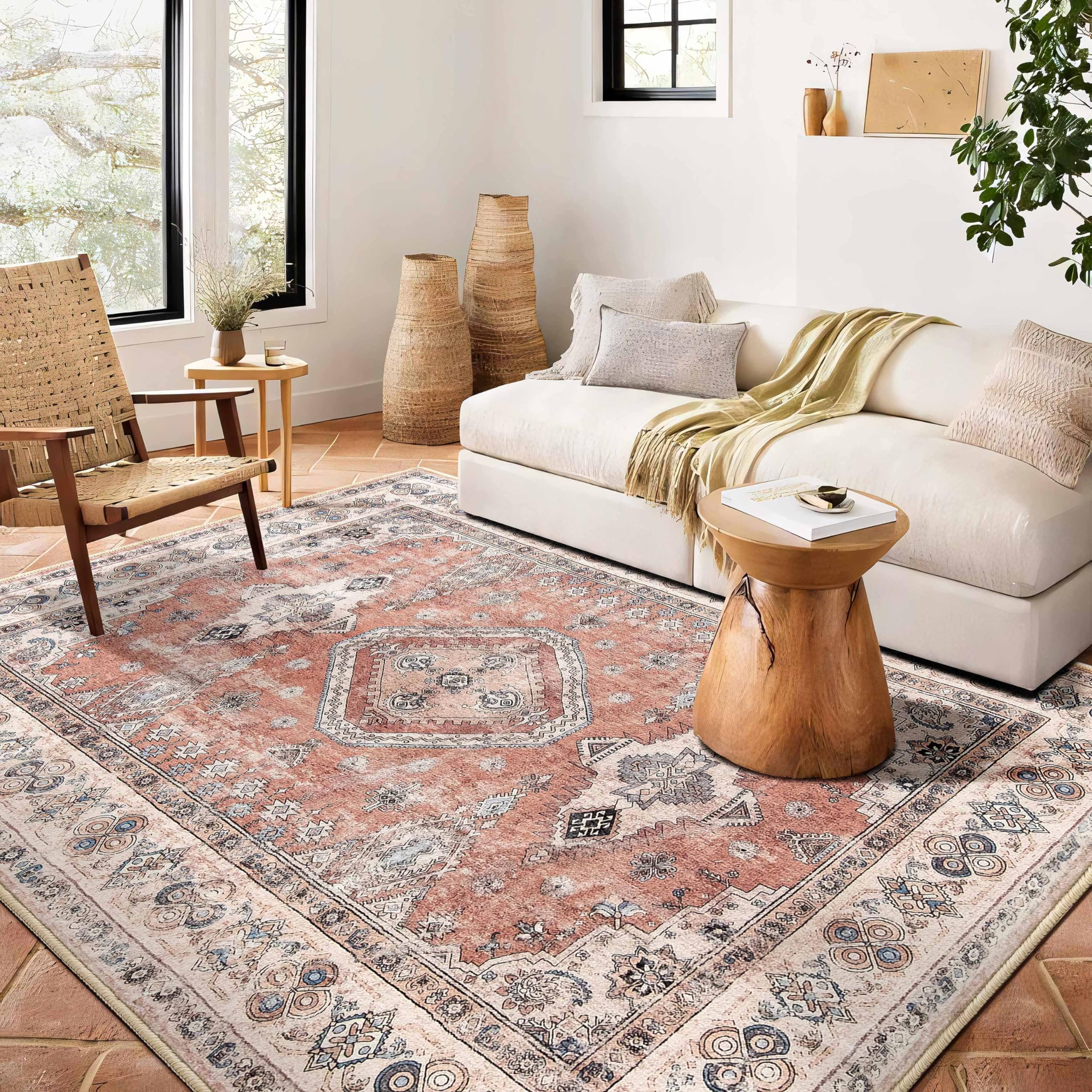 6x9 Washable Boho Area Rugs - Non-Slip Large Vintage Moroccan Carpet for Living Room, Bedroom & Dining Room - Aztec Oriental Floral Design Home Decor (Peach/Orange) - Perfect for Bohemian Style Interiors & Cozy Home Accents
