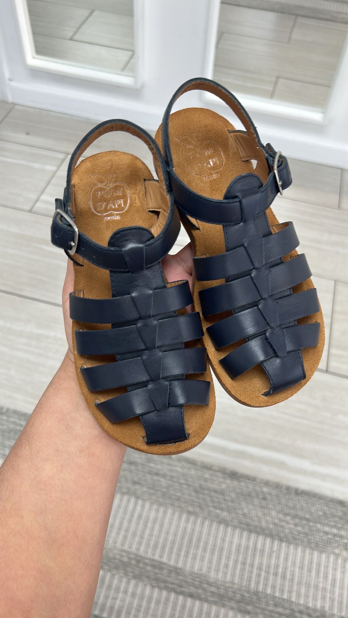 Pom D'Api Navy Leather Gladiator Sandals for Women - Comfortable Roman Style Strappy Summer Shoes - Perfect for Beach, Vacation & Casual Outings