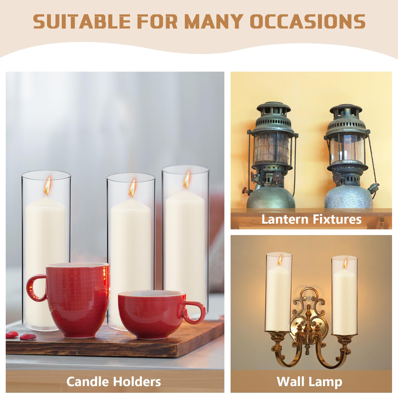 Yaomiao 6-Pack Clear Glass Hurricane Candle Holders with Unscented Pillar Candles - 2.5 x 8 Inch Open-Ended Cylinder Candle Sleeves for Wedding, Dining Table, Restaurant, and Home Decor