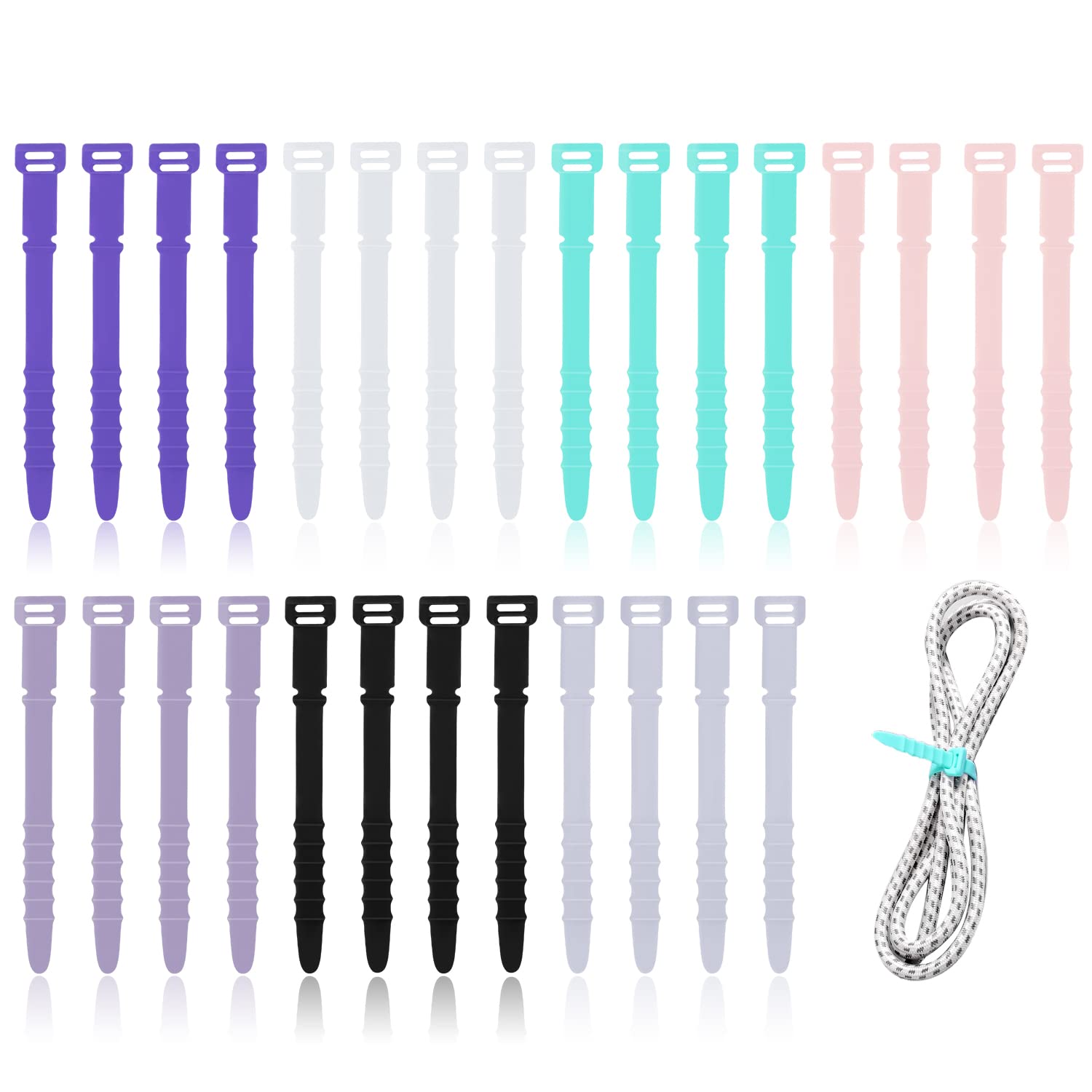 28pcs Reusable Silicone Cable Ties - 4.5inch Elastic Wire Organizer Straps for Charging Cables, USB Cables, Pens, Keychains & Earphones (7 Colors) - Perfect for Home, Office & Travel Cable Management