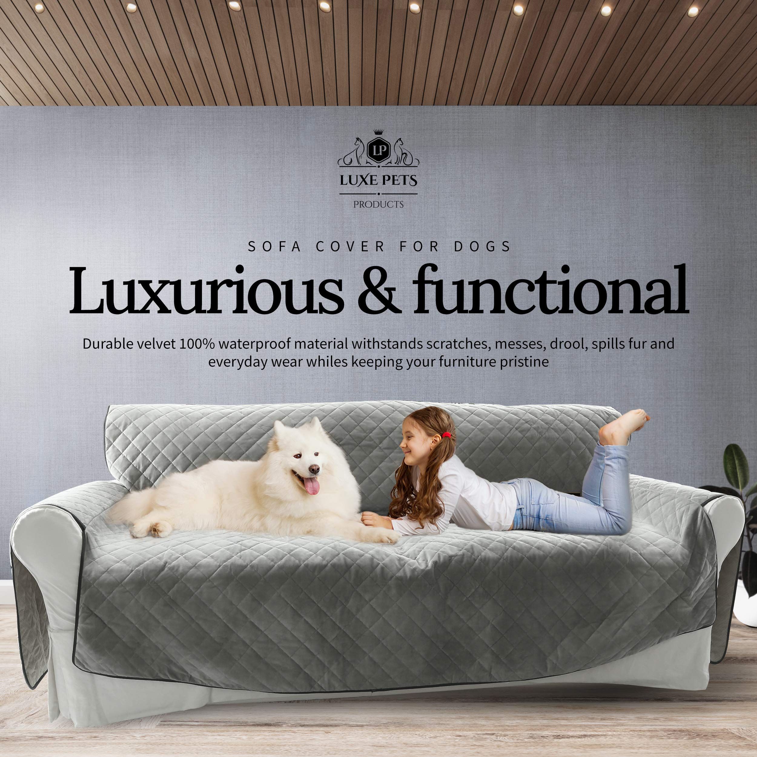 Premium Waterproof Dog Sofa Cover - Luxe Velvet Pet Furniture Protector with Non-Slip Bottom & 5 Pockets | Machine Washable, Adjustable Anchors | Perfect for Living Room, Bedroom & Pet-Friendly Homes