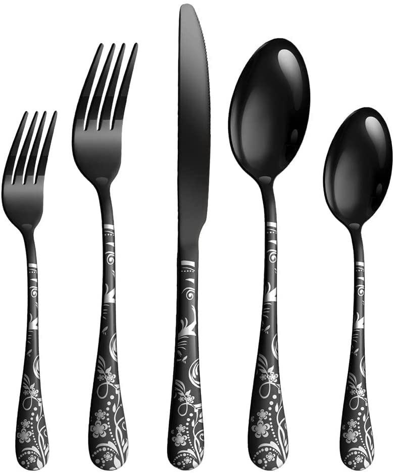60-Piece Stainless Steel Flatware Set for 12 - Black Silverware with Steak Knives, Forks & Spoons - Unique Pattern Design, Dishwasher Safe - Perfect for Dinner Parties, Restaurants & Everyday Use