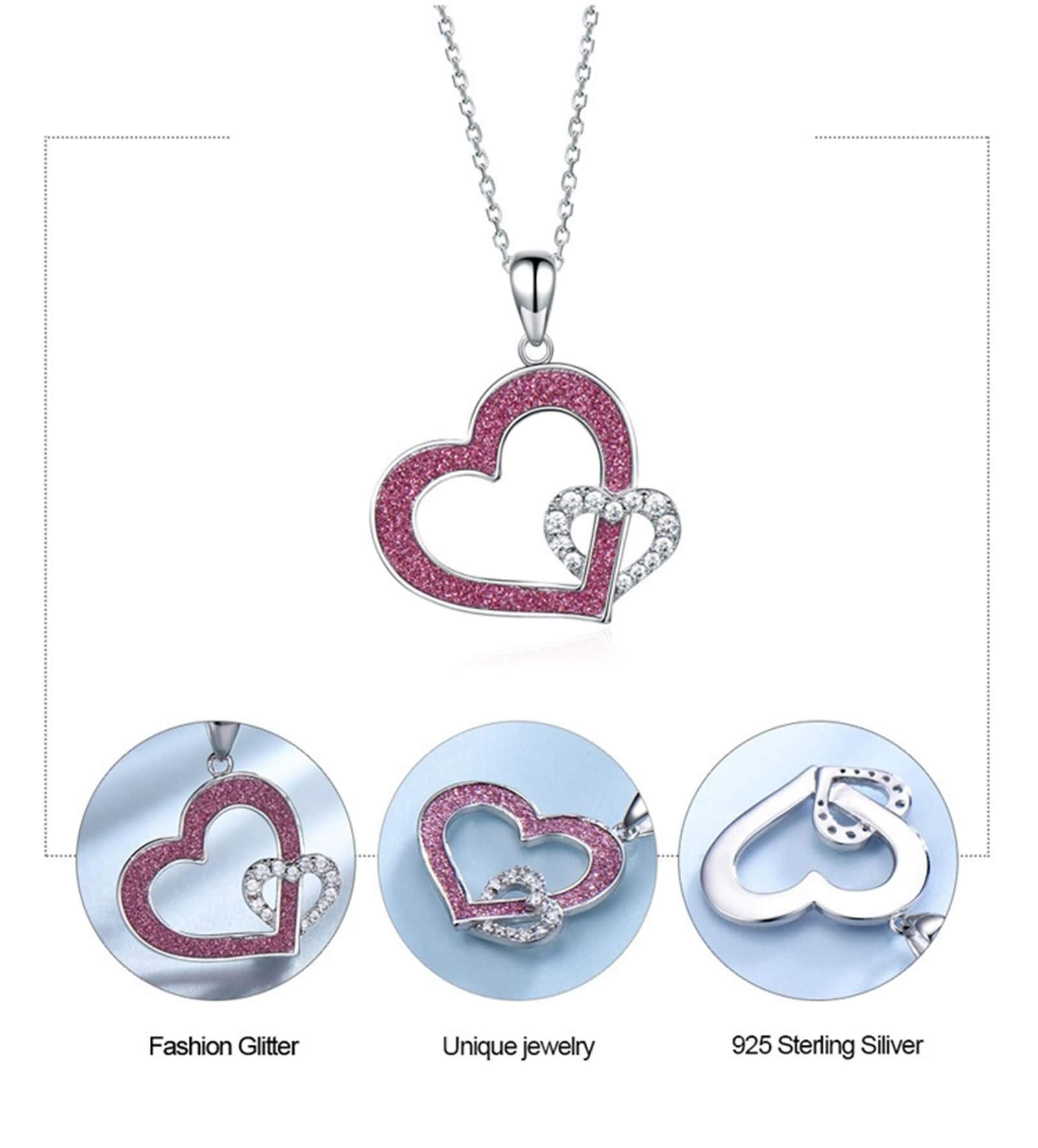 Daesar Sterling Silver Double Heart Friendship Necklace for Women with White Cubic Zirconia & Pink Accent - Perfect Gift for Best Friends, Sisters & Couples (Anniversary, Valentine's Day, Birthday)