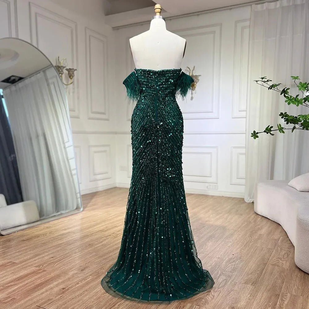 Elegant Green Mermaid Evening Dress with Feather Beading & High Slit - Women's Spaghetti Strap Gown for Prom, Party & Special Occasions