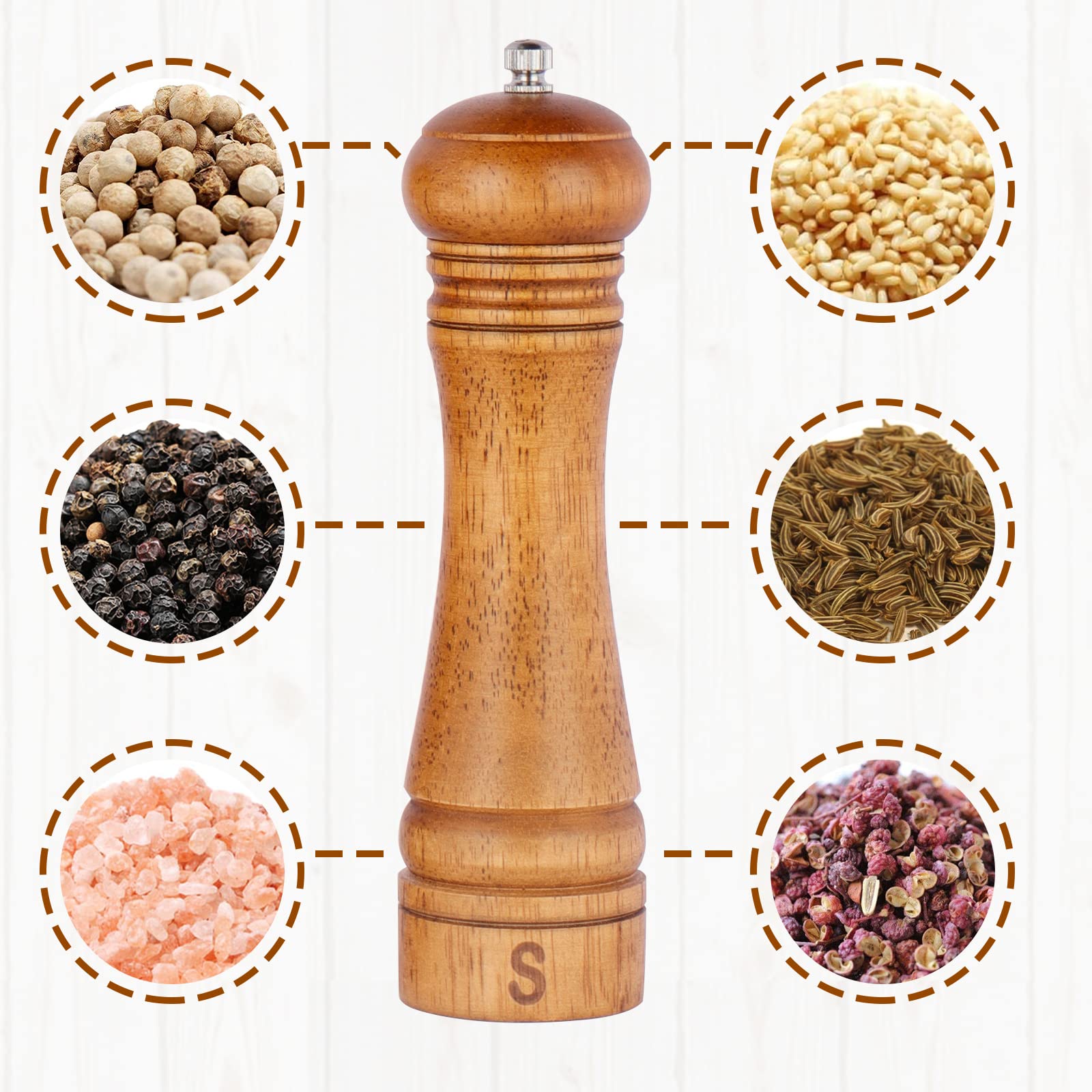 Premium Gulex® 8 Inch Wood Pepper Grinder & Salt Mill Set (2 Pack) - Adjustable Coarseness, Ceramic Grinding Core, Refillable - Perfect for Kitchen, Dining Table & Gourmet Cooking
