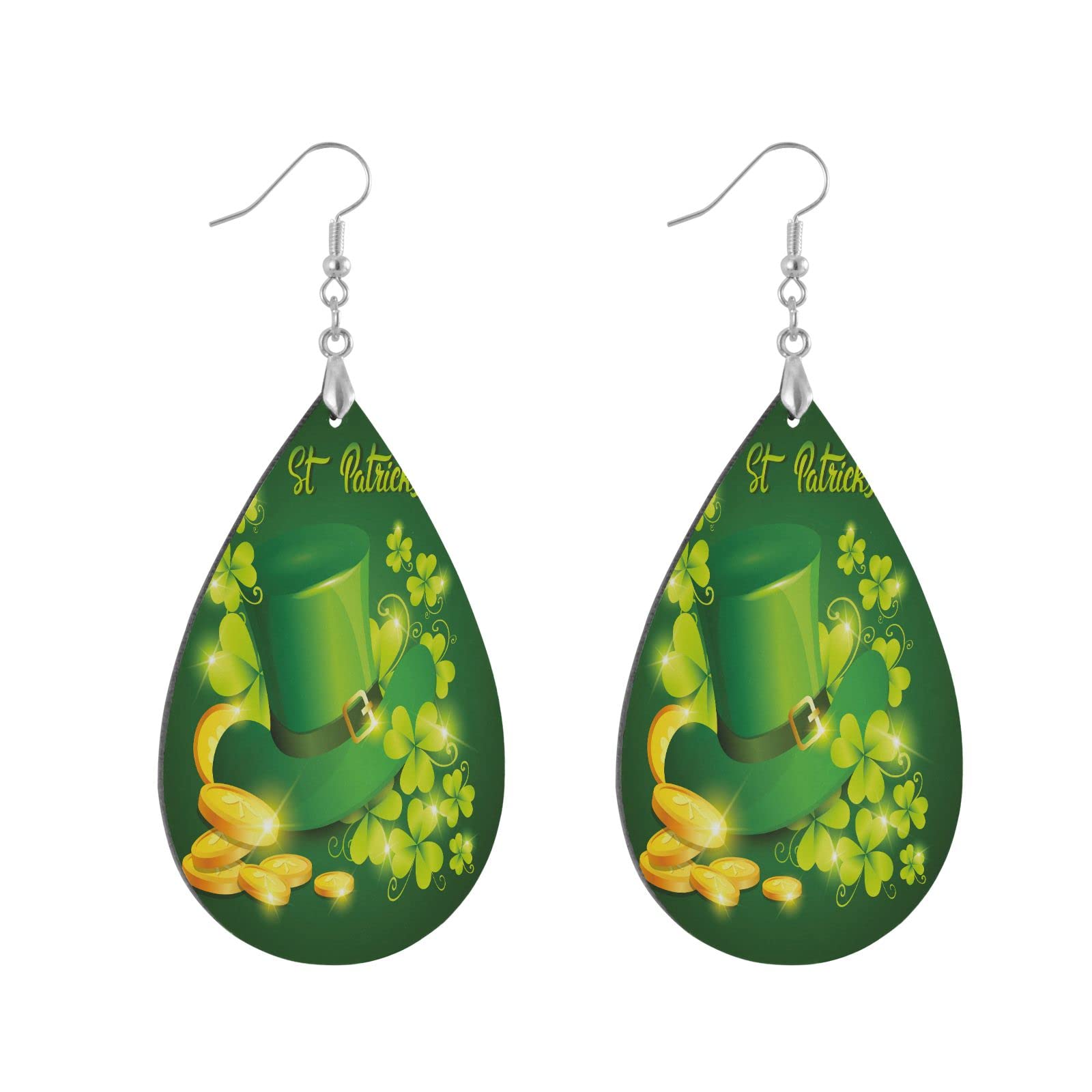 St. Patrick's Day Teardrop Earrings - Gold Coin Clover Dangle Earrings for Women | Lightweight Wooden Drop Earrings | Irish Jewelry Gift for Her | Perfect for Parties, Festivals & Everyday Wear