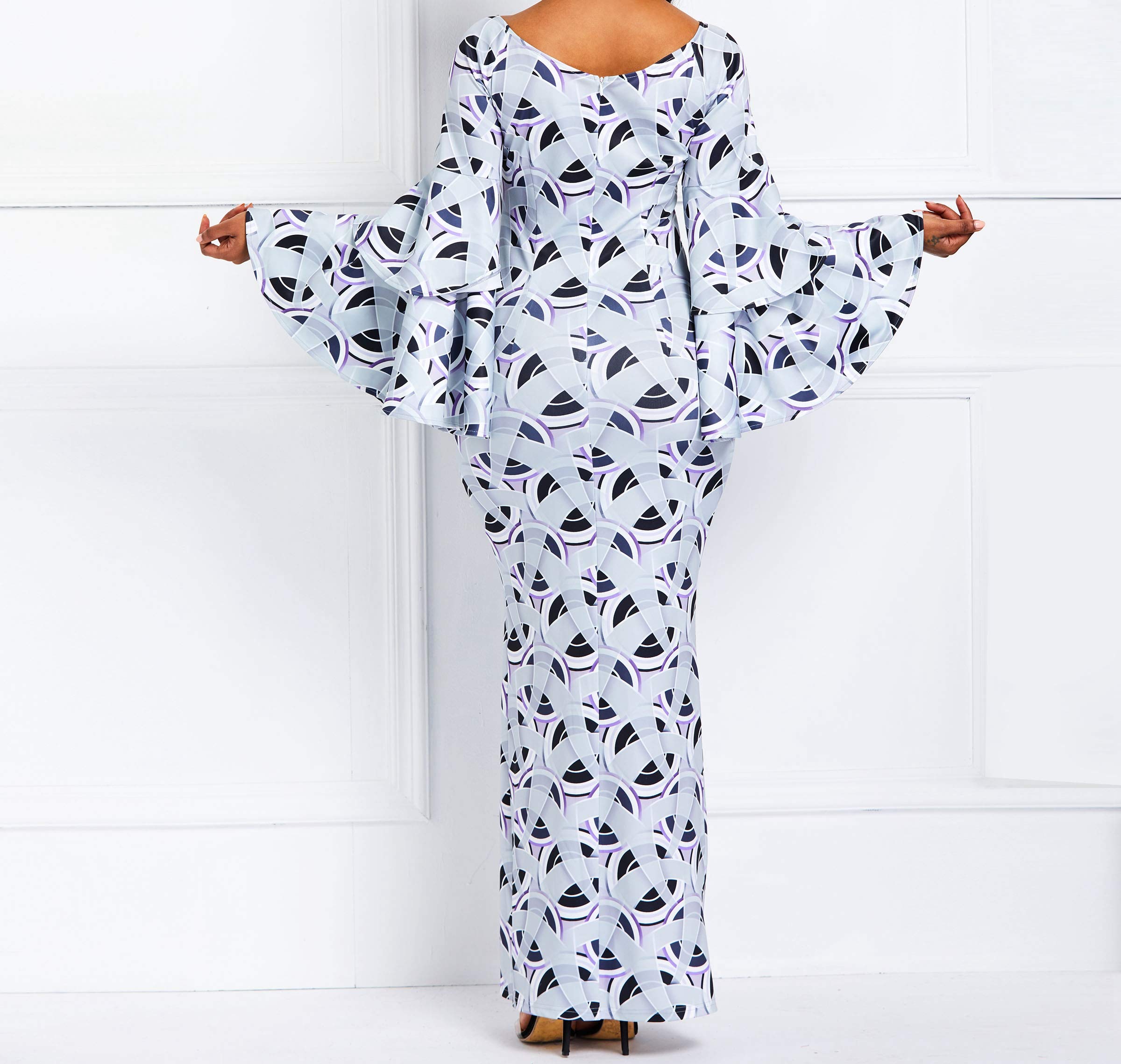 VERWIN Women's Bodycon Maxi Dress with Ruffle Long Sleeves & Floral Print - Elegant Wrap Party Dress for Evening Events, Date Nights & Special Occasions