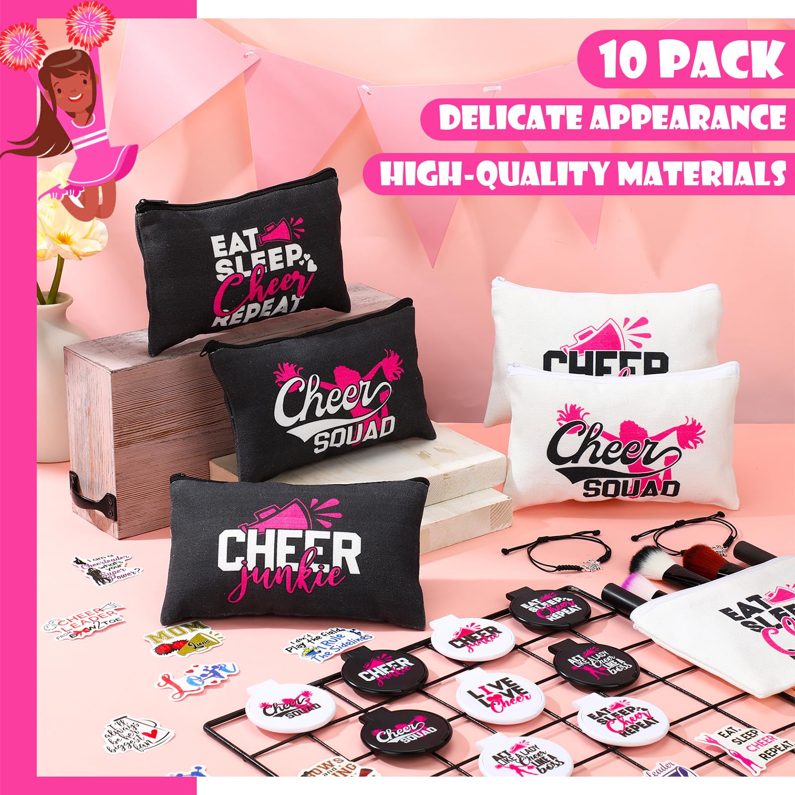 80 Pcs Cheerleader Gift Set - Cheer Mirror, Makeup Bag, Adjustable Bracelets, Stickers & Hair Scrunchies - Perfect for Sports Parties, Team Gifts & Cheerleading Events | Great for Game Days, Pep Rallies & Spirit Week Celebrations