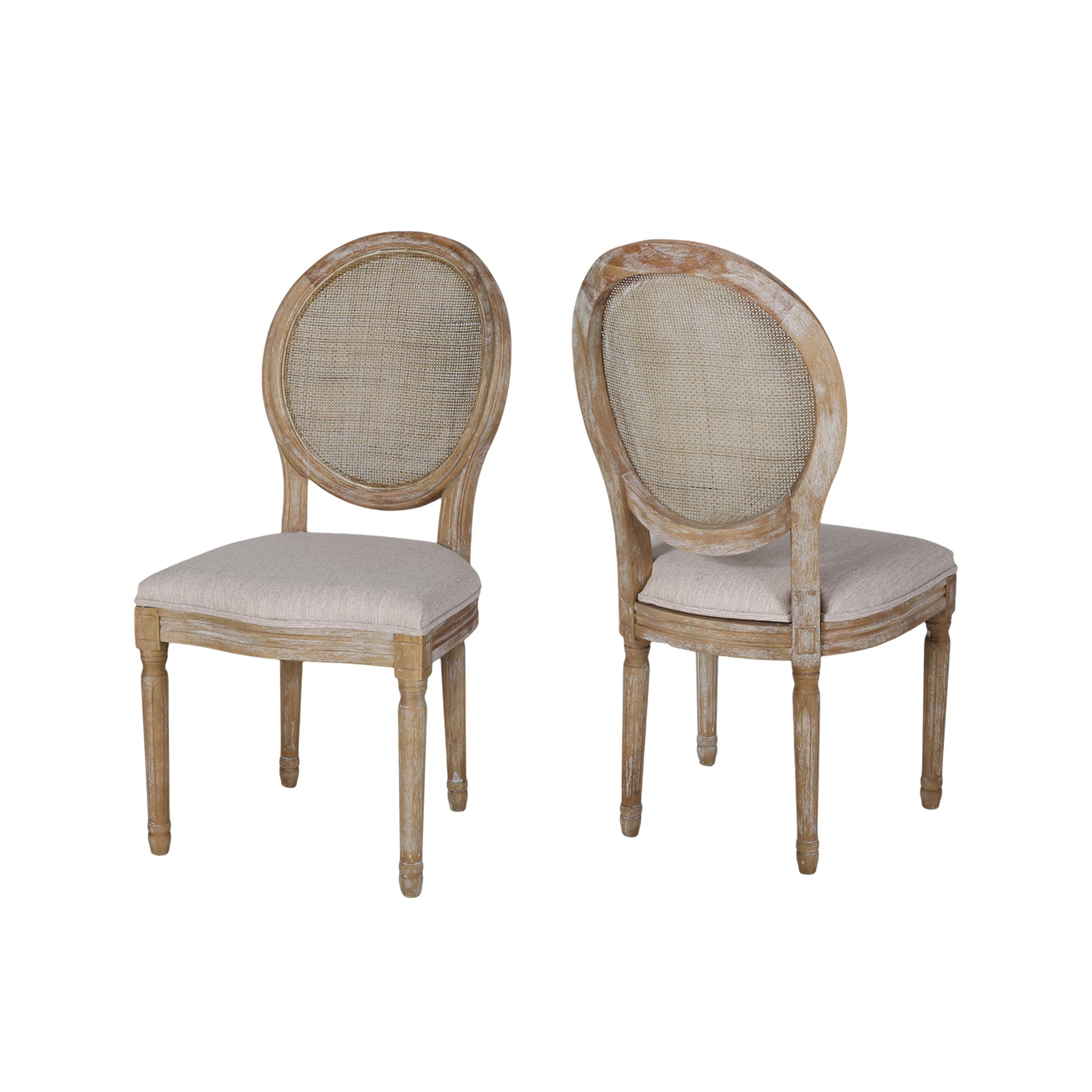 GDFStudio Wooden Dining Chairs with Wicker and Fabric Seating - Set of 2, Beige & Natural - Modern Farmhouse Style for Kitchen, Dining Room, or Breakfast Nook