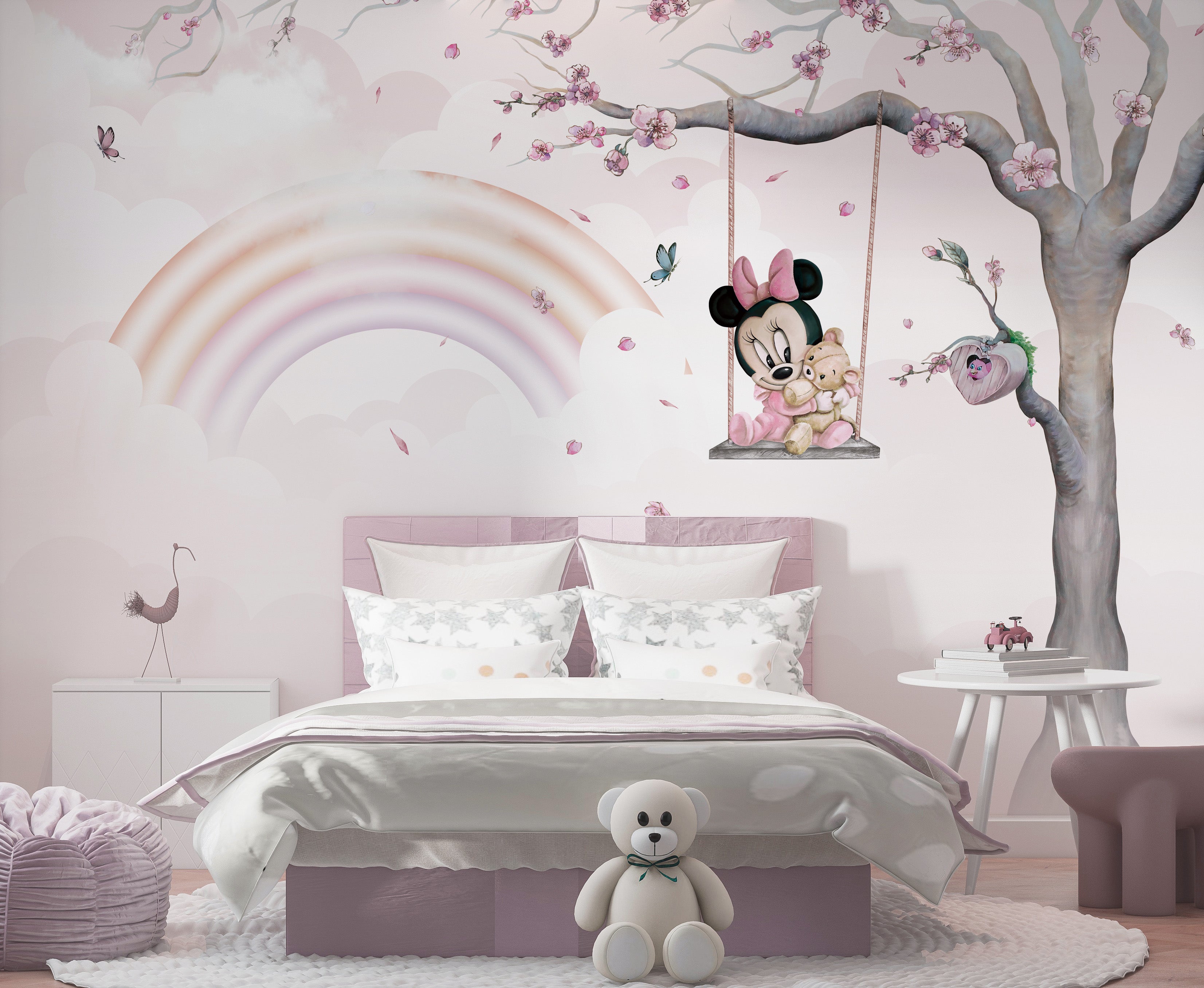 Minnie Mouse on Swing - Cute Girls Nursery Wallpaper Mural for Baby Room Decor & Kids Bedroom Wall Art - Perfect for Disney Themed Nursery, Playroom, and Children's Bedroom Design