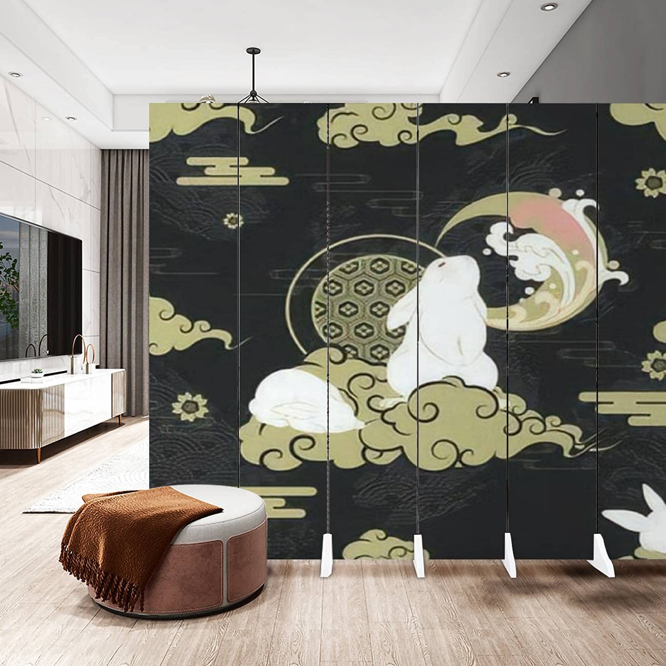 Japanese Style Canvas Room Divider Screen - 6 Panel Folding Privacy Partition with White Rabbit & Gold Repeat Pattern Art | Perfect for Bedroom, Office, Yoga Studio & Room Separation