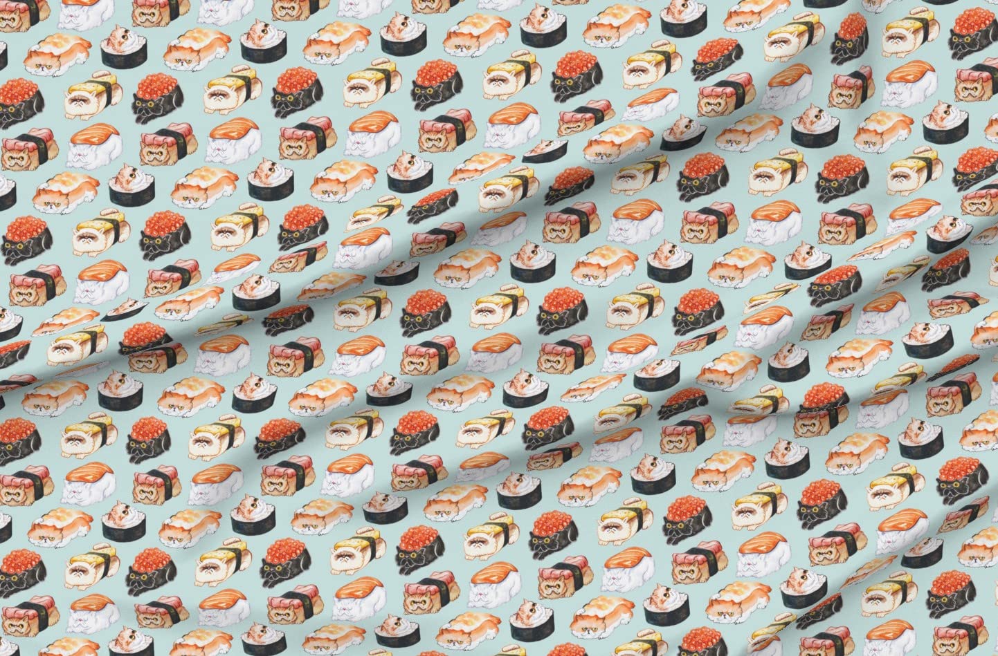 Sushi Cat Watercolor Printed Petal Signature Cotton Fabric by The Yard - Premium Spoonflower Material for Sewing, Quilting, Apparel & Home Decor - Perfect for DIY Crafts, Curtains, Pillows & Dressmaking