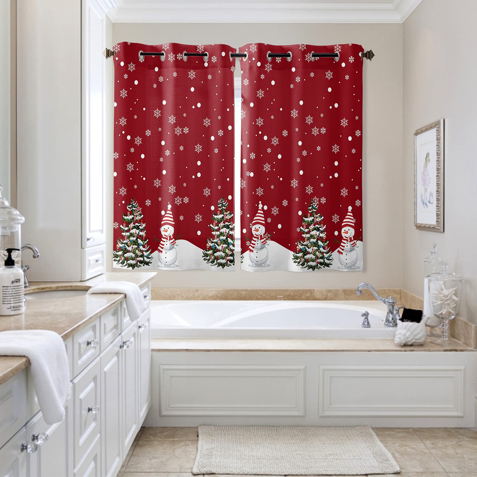 LibaoGe Red Christmas Window Curtains - Snowman & Snowflake Semi-Sheer Holiday Drapes for Bathroom, Kitchen, Small Windows (80