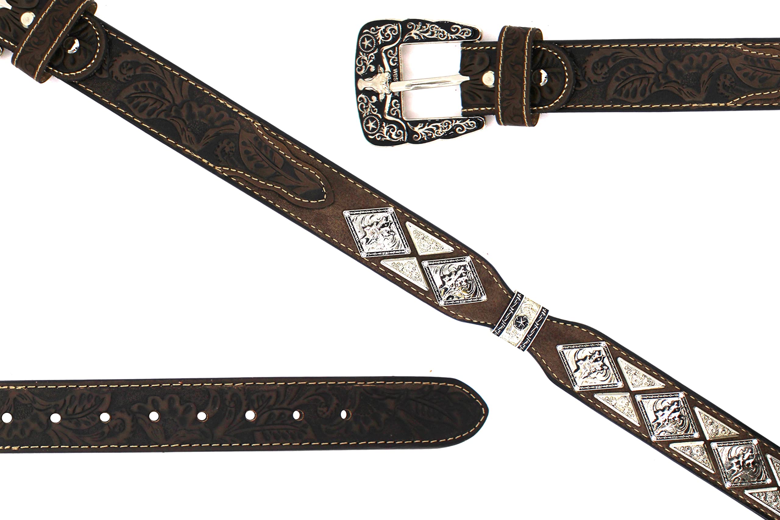 Men's Western Concho Leather Belt with Longhorn & Horse Design - Cowboy Sheriff Style Belt for Jeans & Boots | Perfect for Rodeo, Ranch Work & Country Fashion