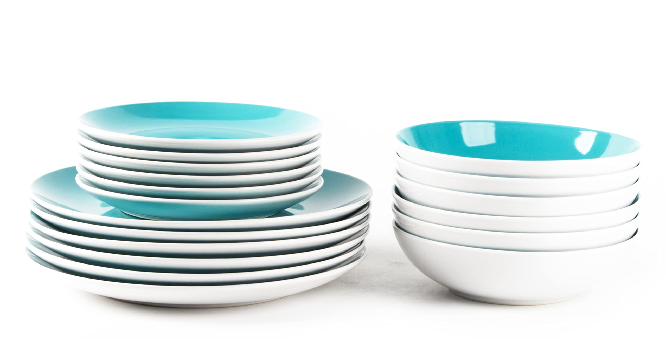 12-Piece Stoneware Dinnerware Set - White Exterior & Tiffany Blue Interior - Elegant Coupe Shape for Formal Dining, Entertaining & Everyday Use