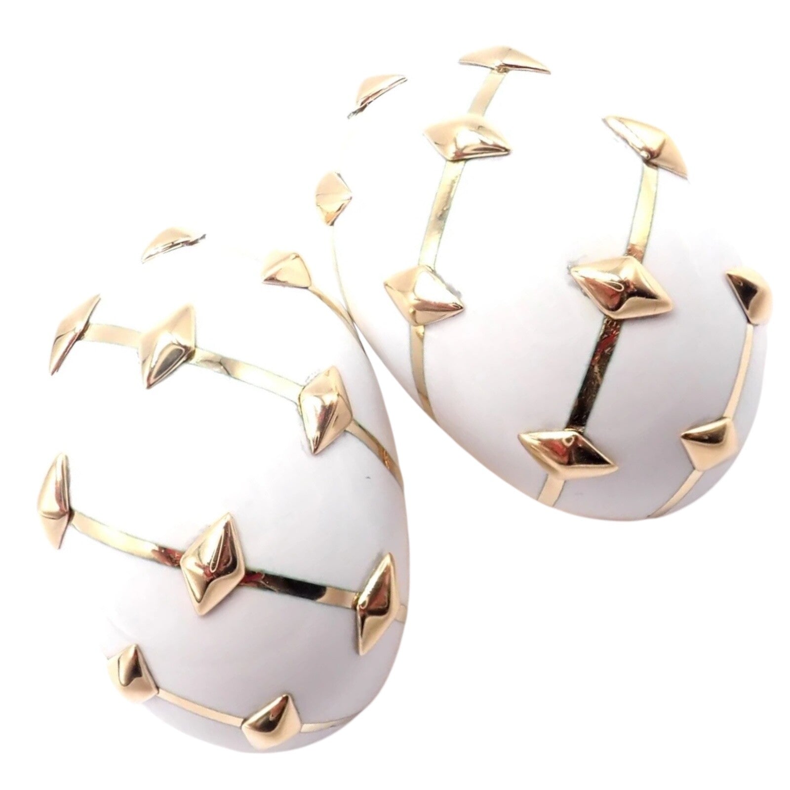 Tiffany & Co Schlumberger Dot Losange 18k Yellow Gold White Enamel Hoop Earrings | Luxury Designer Jewelry for Women | Perfect for Parties, Weddings & Special Occasions