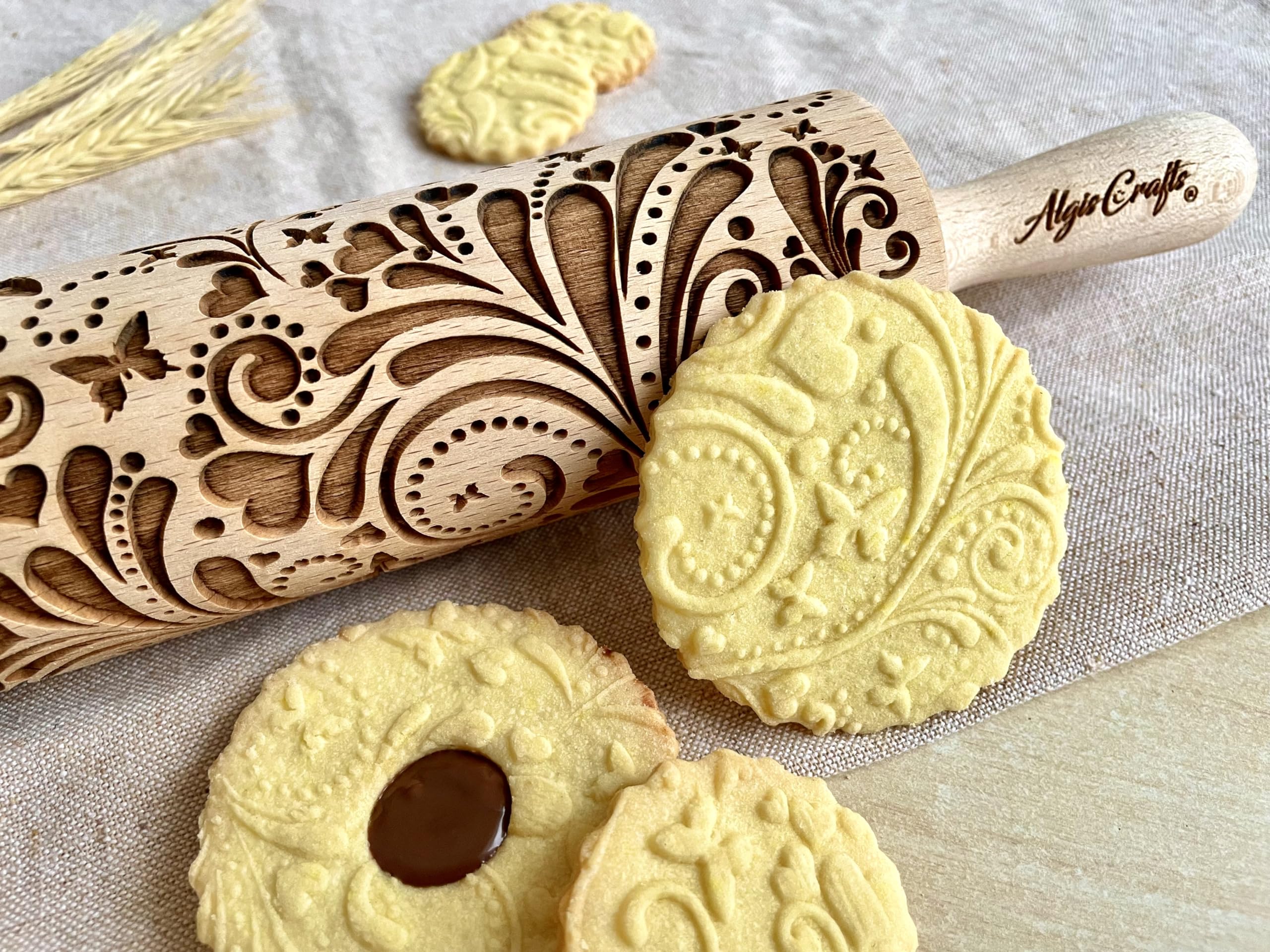 Wooden Spring Rolling Pin with Butterfly & Flower Embossing - Handmade Cookie Dough Press for Baking, DIY Pastry Decorating - Perfect Gift for Mother's Day, Weddings & Holiday Cookie Making