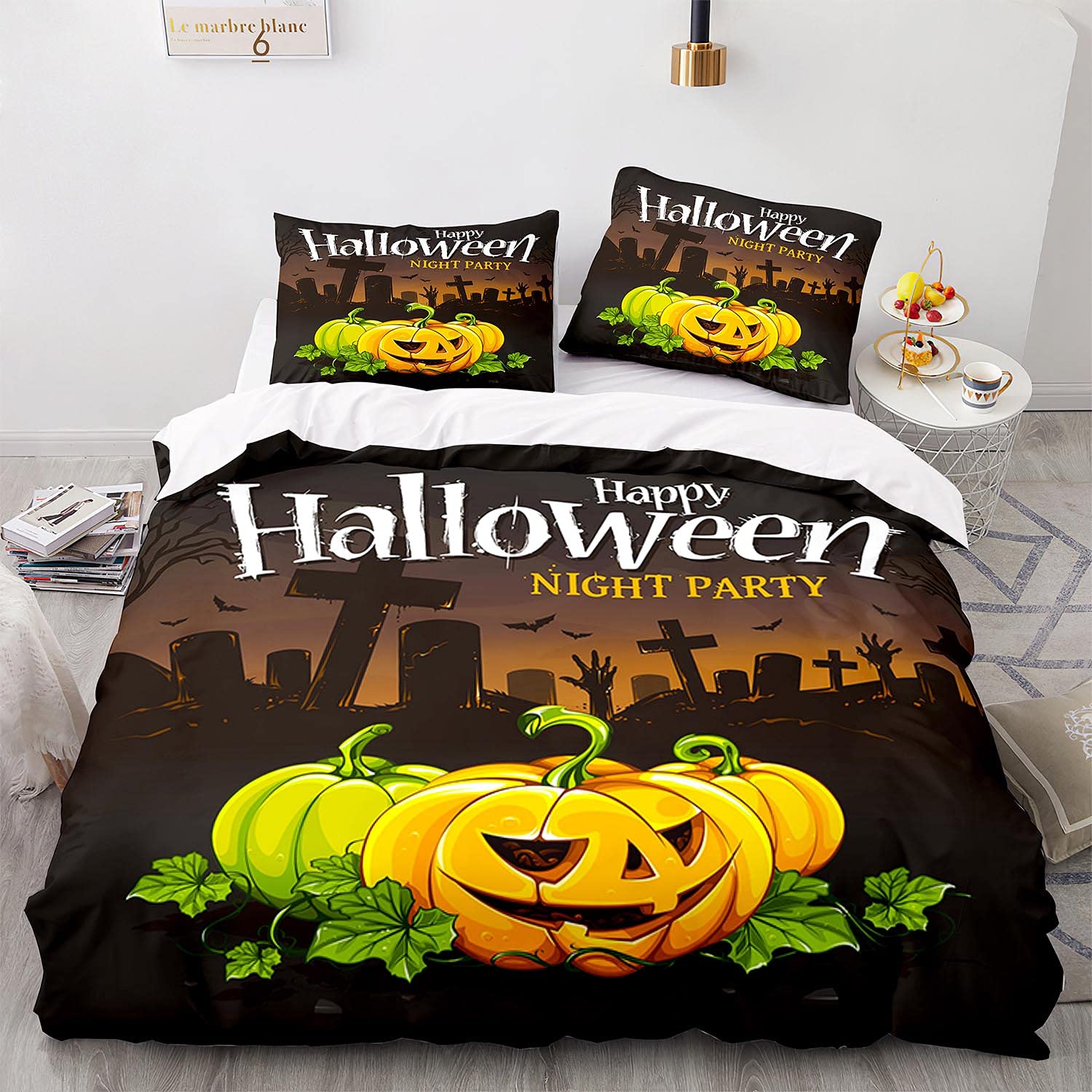 Spooky Halloween King Size Bedding Set - Smiling Pumpkin Jack-O-Lantern Duvet Cover with 2 Pillowcases for Boys, Girls & Kids | Perfect for Spooky Night Parties, Trick-or-Treat Decor & Cozy Fall Bedroom Decor
