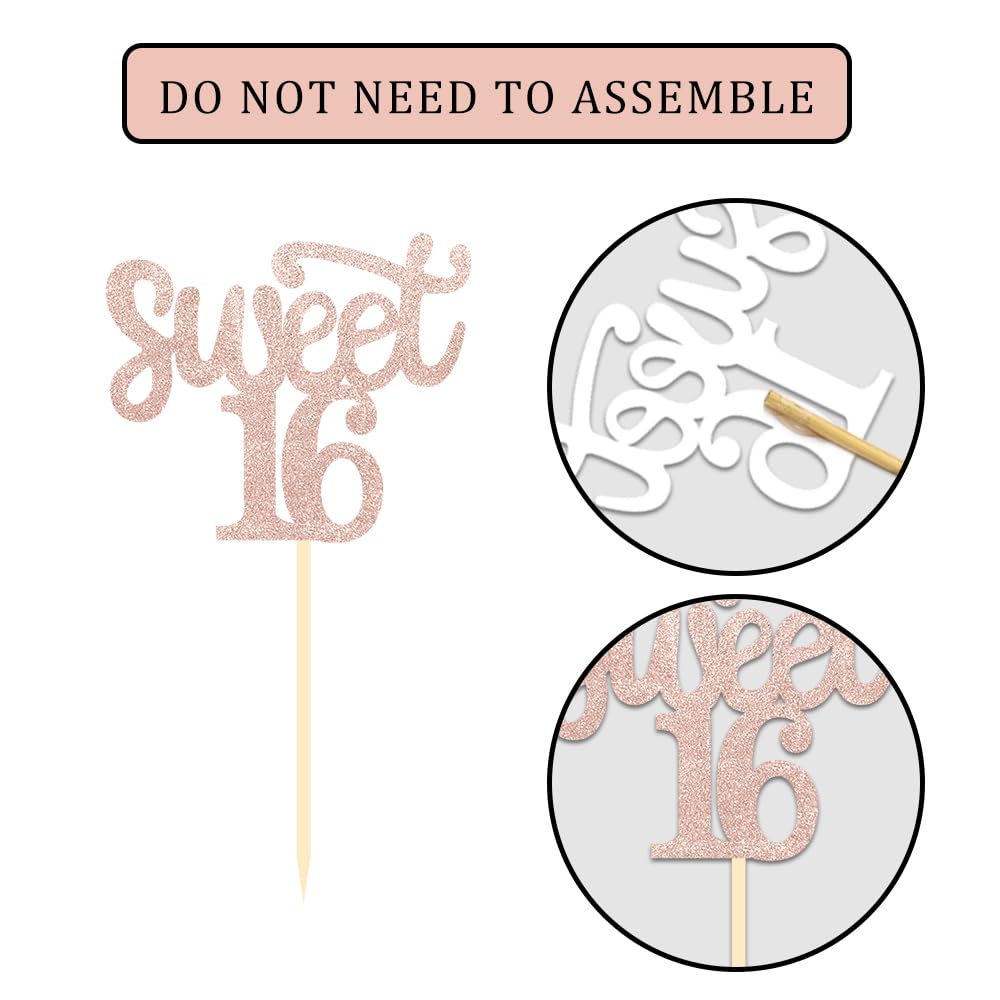 24 Pcs Sweet 16 Rose Gold Glitter Cupcake Toppers - 16th Birthday Party Decorations for Girls, Teens | Perfect for Birthday Cakes, Desserts, Celebrations & Sweet 16 Party Themes