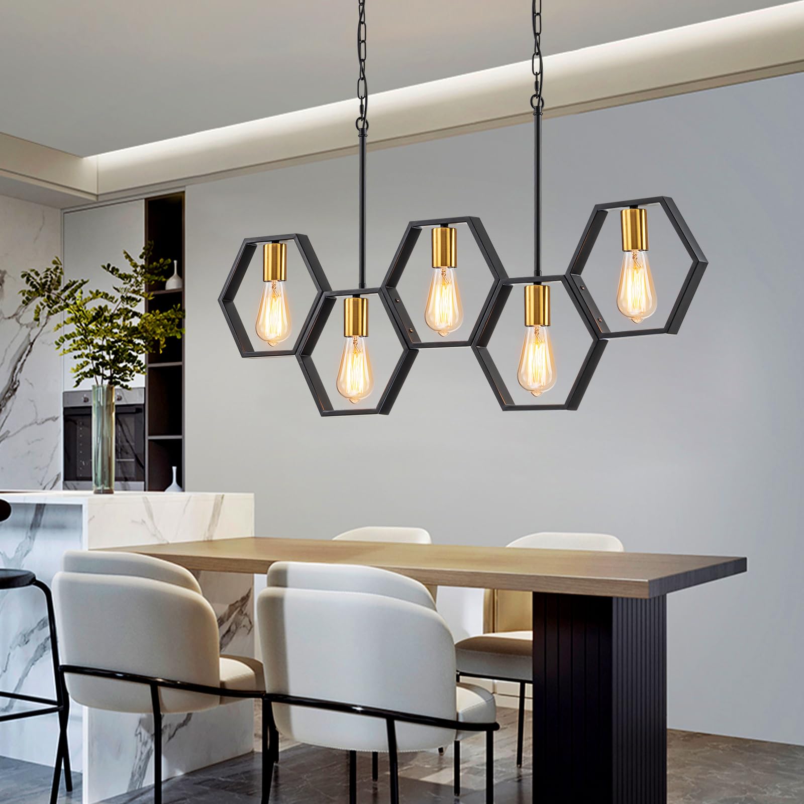 Farmhouse 5-Light Kitchen Island Chandelier - Adjustable Height Industrial Rectangular Pendant Light for Dining Room & Pool Table (Black/Gold) - Perfect for Farmhouse Decor, Kitchen Islands, and Game Room Lighting