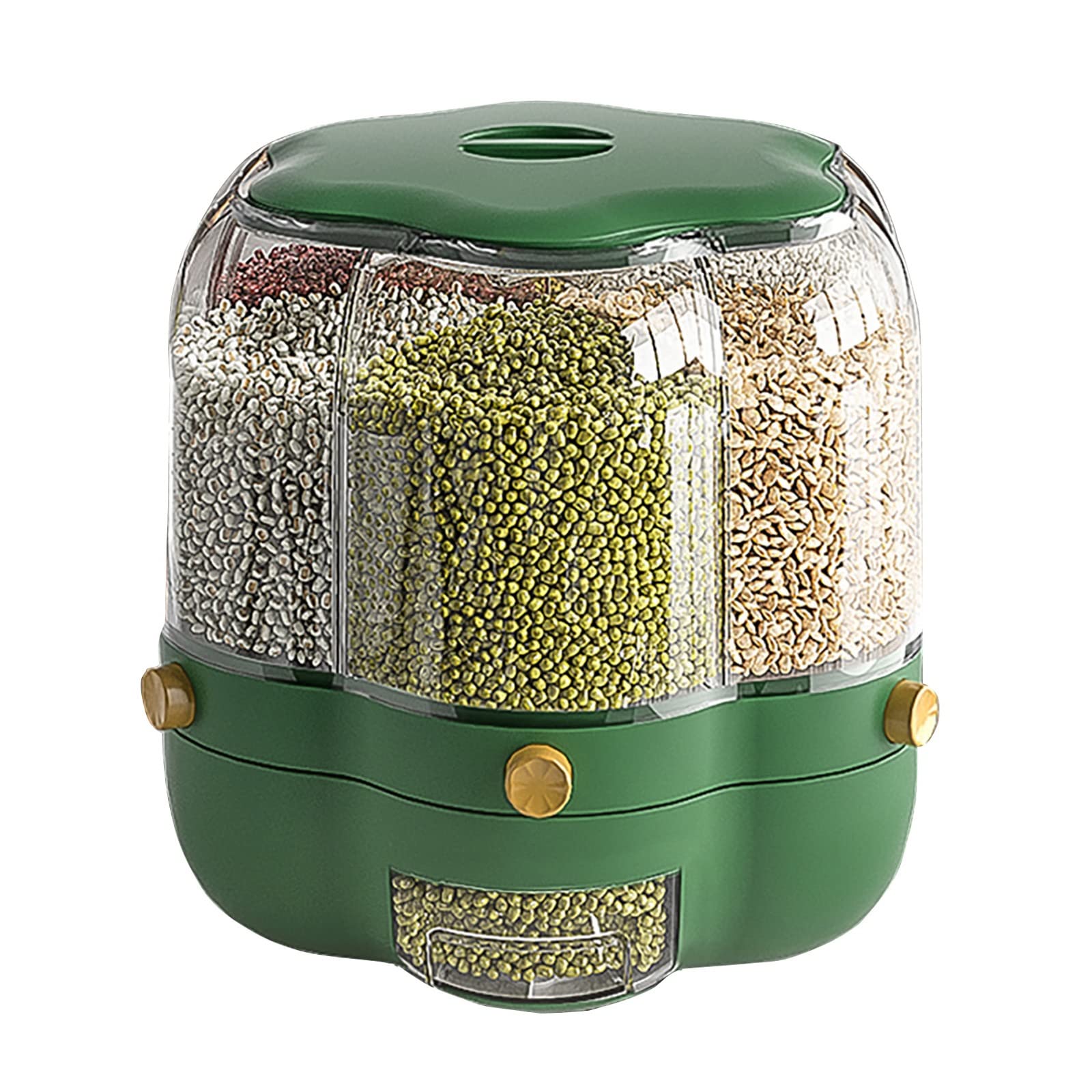 6-Grid Rotating Rice Dispenser - 14lbs Airtight Food Storage Container for Rice, Grains, Snacks & Pet Food - One-Touch Dispensing with Clear View Window - Perfect for Kitchen, Pantry & Coffee Station Organization (Green)