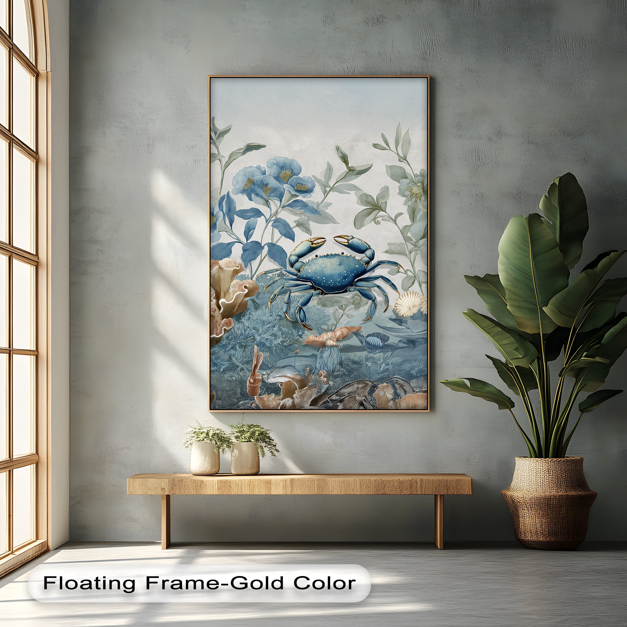 Blue Crab in Botanical Reef - Coastal Nature Canvas Print Wall Art | Beach House Decor, Ocean Themed Living Room, Coastal Bedroom Decor