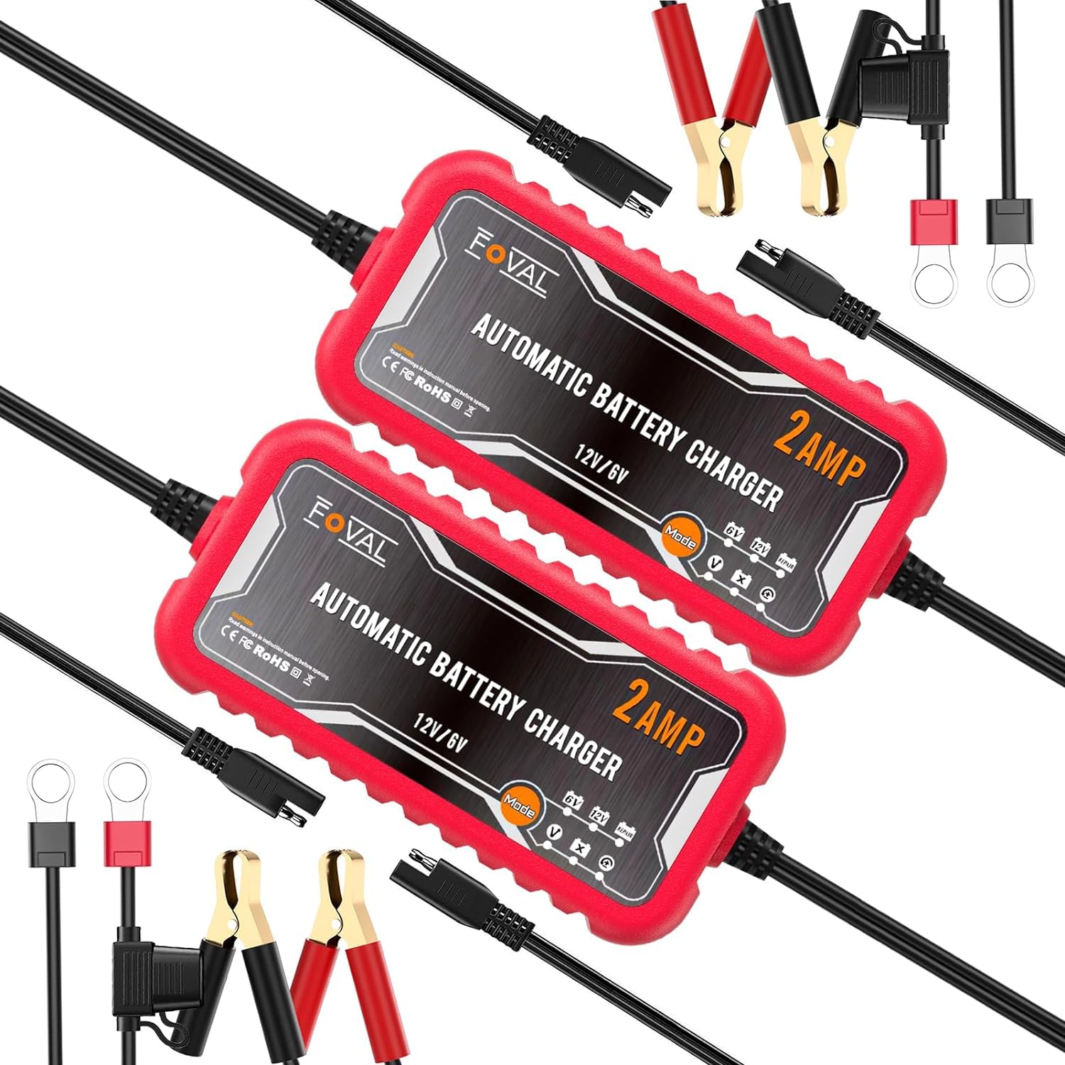 FOVAL 2-Amp 6V/12V Car Battery Charger & Maintainer - 2 Pack Portable Automatic Smart Charger for Cars, Motorcycles, Boats, Lawn Mowers - Trickle Charger & Battery Desulfator for Lead Acid Batteries | Perfect for Winter Storage & Seasonal Vehicle Maintenance