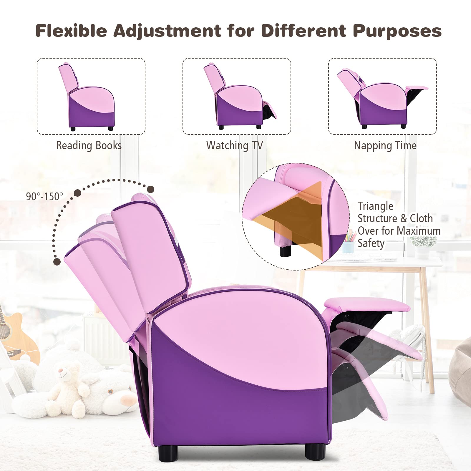 ARLIME Kids Recliner Chair - Adjustable PU Leather Lounge Chair with Footrest, Armrests & Lumbar Support - Comfortable Toddler Sofa for Boys & Girls (Pink) - Perfect for Reading, Gaming & Relaxing in Bedroom or Playroom