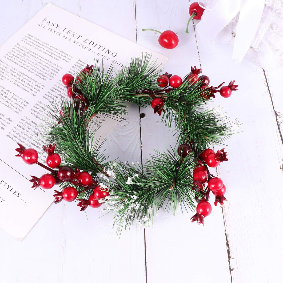 BESPORTBLE Traditional Christmas Advent Wreath Candle Holder with Red Berries & Pine Needles - Festive Holiday Table Decor for Home, Church & Office Celebrations (Red)