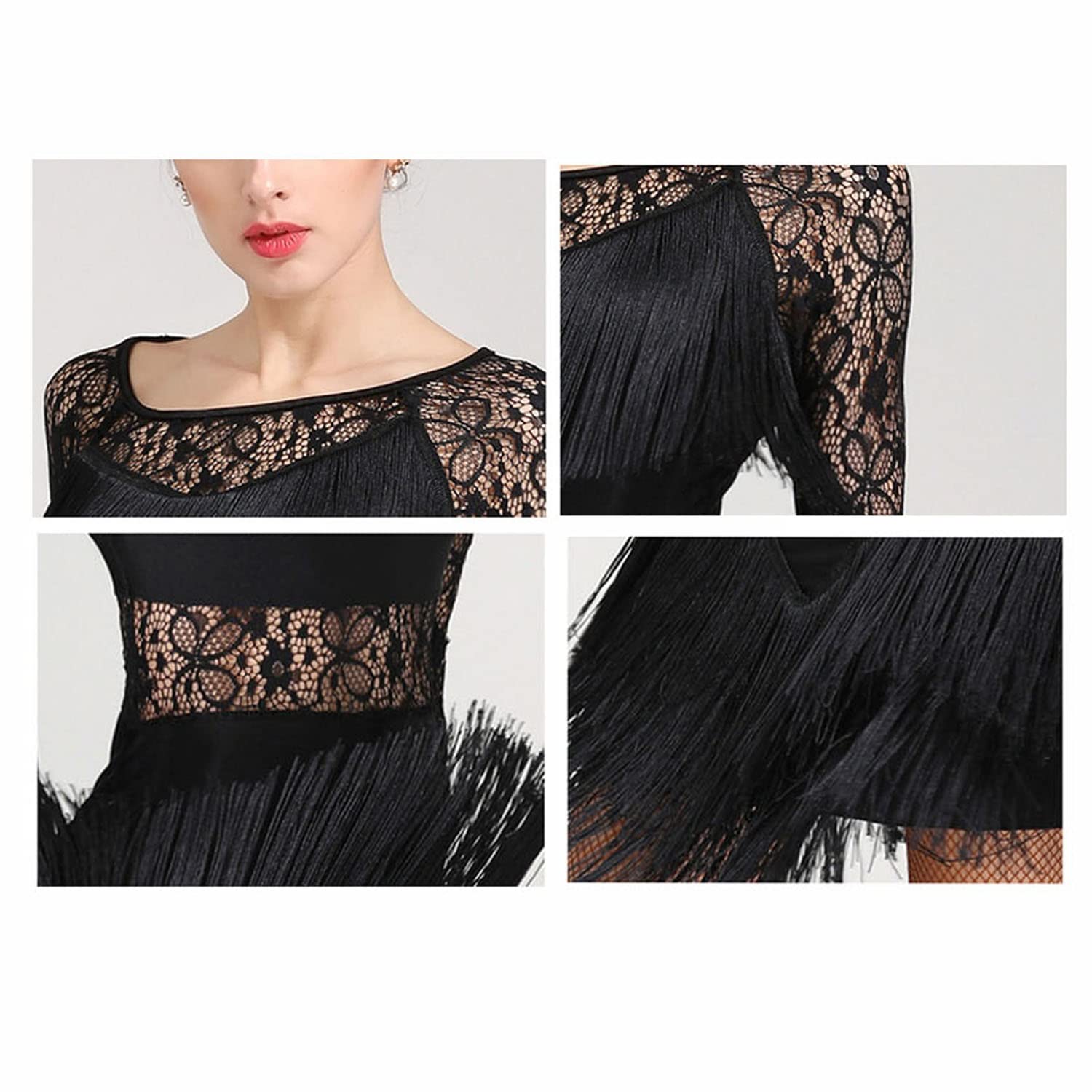 Elegant Women's Latin Dance Dress with Lace & Tassels - Salsa, Cha Cha, Ballroom, Tango & Waltz Performance Outfit - Breathable Skirt for Dance Competitions & Social Events
