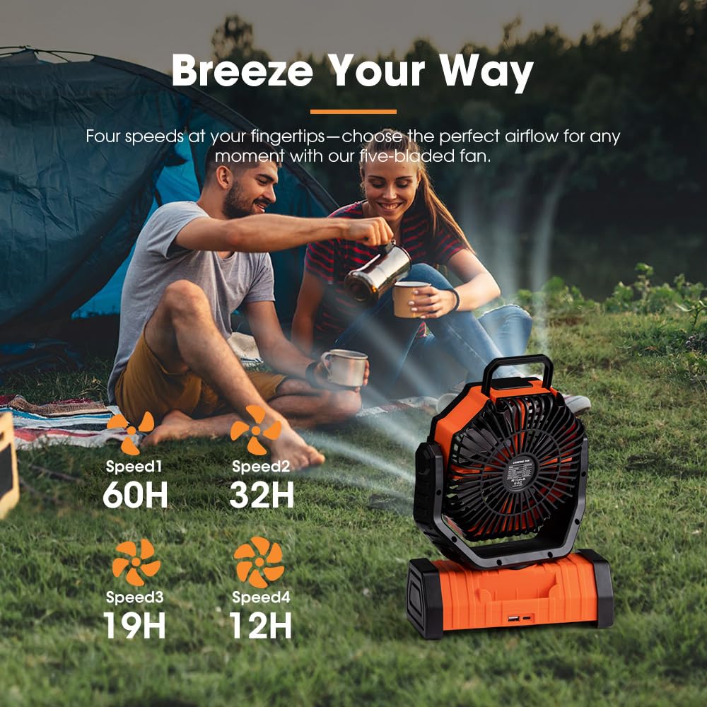 SanHima Portable Camping Fan with LED Light - 20000mAh Rechargeable Battery, 360° Rotating Hook, 4 Speed Settings & Oscillation - USB Powered Desk Fan for Outdoor Tent, Travel, Home Office, Beach & Fishing Adventures | Perfect for Summer Camping Trips and Indoor Cooling