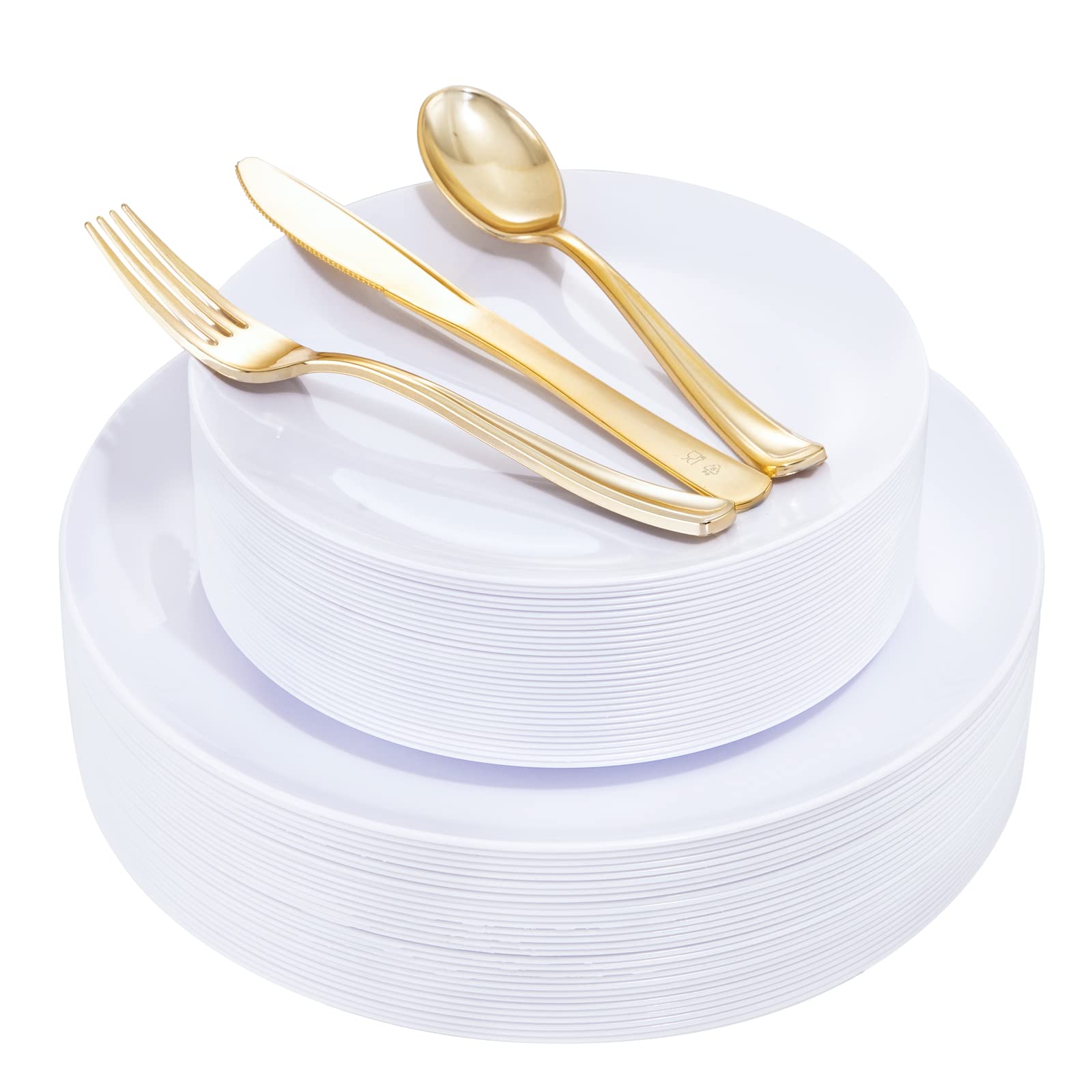YOUBET 150-Piece White and Gold Plastic Dinnerware Set - 30 White Dinner Plates, 30 White Dessert Plates, 30 Gold Plastic Cutlery (Forks, Knives, Spoons) - Elegant Disposable Tableware for Mother's Day, Bridal Showers, Birthday Parties & Outdoor Events