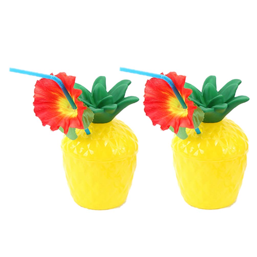 Amosfun 2PCS Hawaiian Tropical Pineapple Cups - 300ML Plastic Luau Party Drinkware for Cocktails, Smoothies & Mocktails - Perfect for Beach Parties, Poolside Gatherings & Summer BBQs
