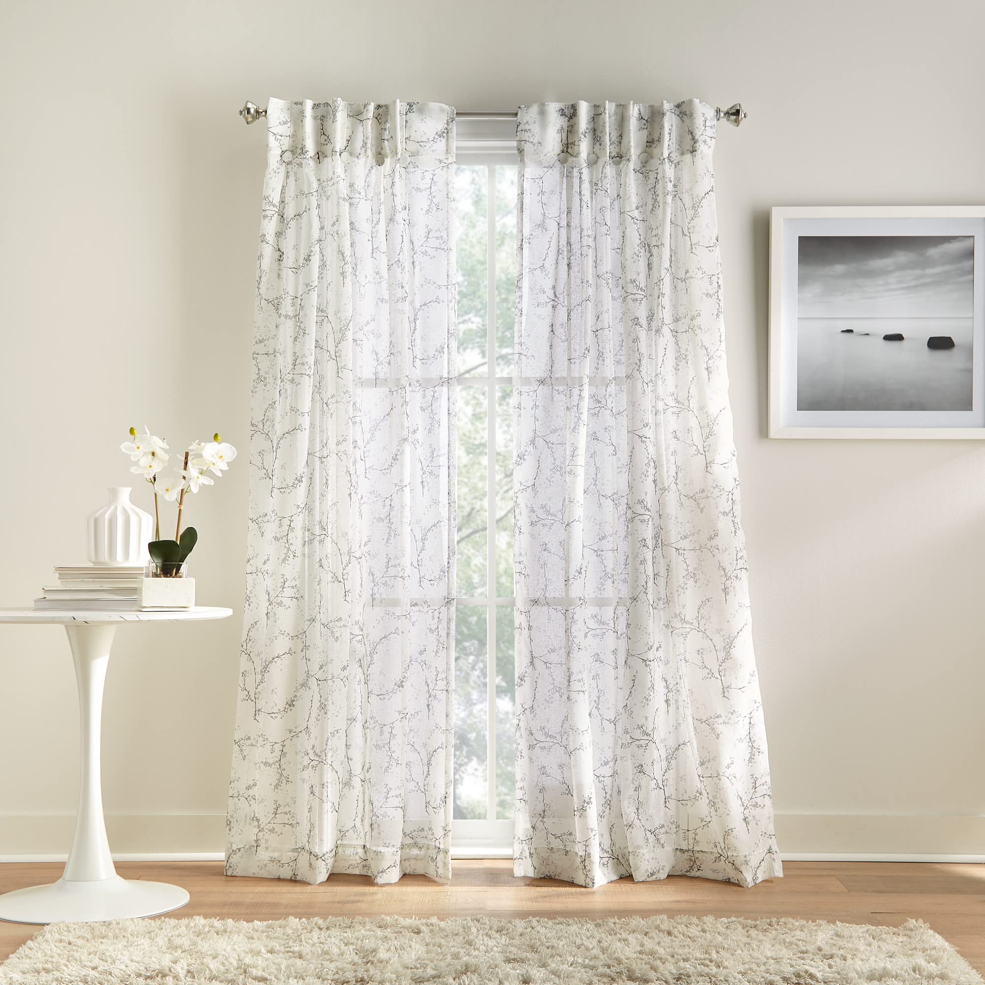 DKNY Curtains - Promenade Floral Print Window Panels (Set of 2) - 32 x 96 Inches - Light Filtering Inverted Pleat with Button Details - Elegant Pewter Gray Drapes for Living Room, Bedroom & Dining Room - Perfect for Home Decor & Light Control