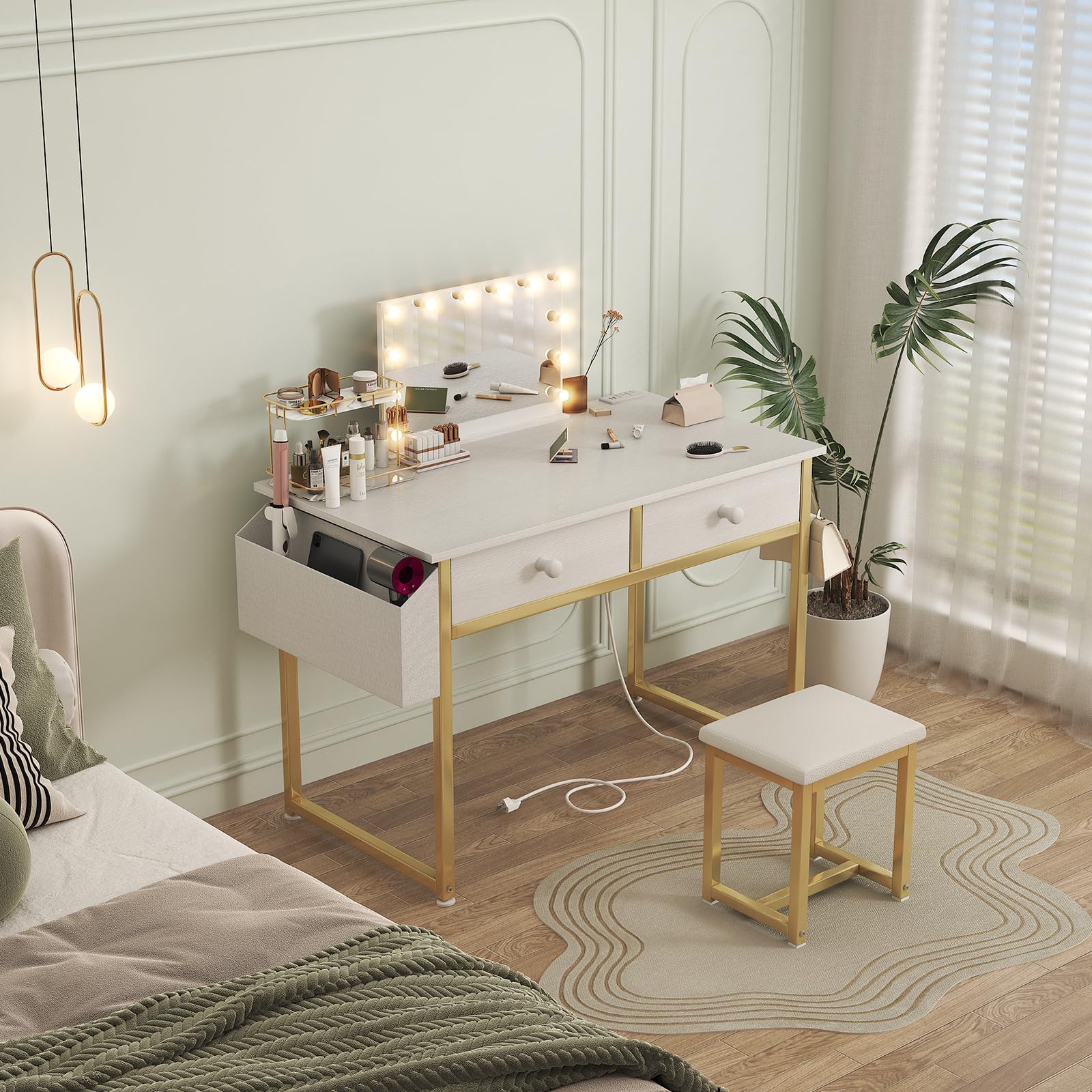 Modern White Kids Makeup Vanity Desk Set with Chair & Fabric Drawers - No Mirror, Power Outlet Included - Perfect Dressing Table for Girls' Bedroom & Playroom
