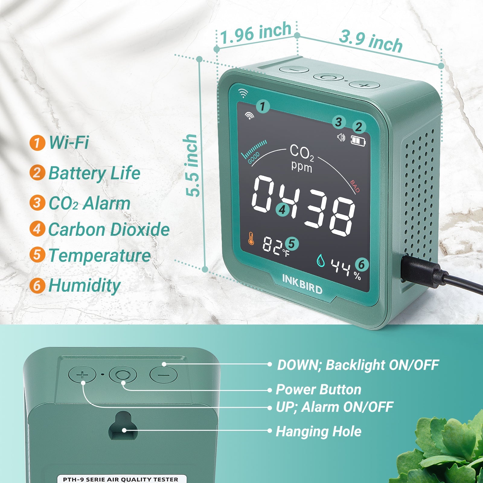 Wireless 3-in-1 CO2 Detector with Temperature & Humidity Sensor - Smart Air Quality Monitor for Home, Office, and Baby Room - Real-Time CO2, Temperature, and Humidity Detection for Indoor Air Quality Control