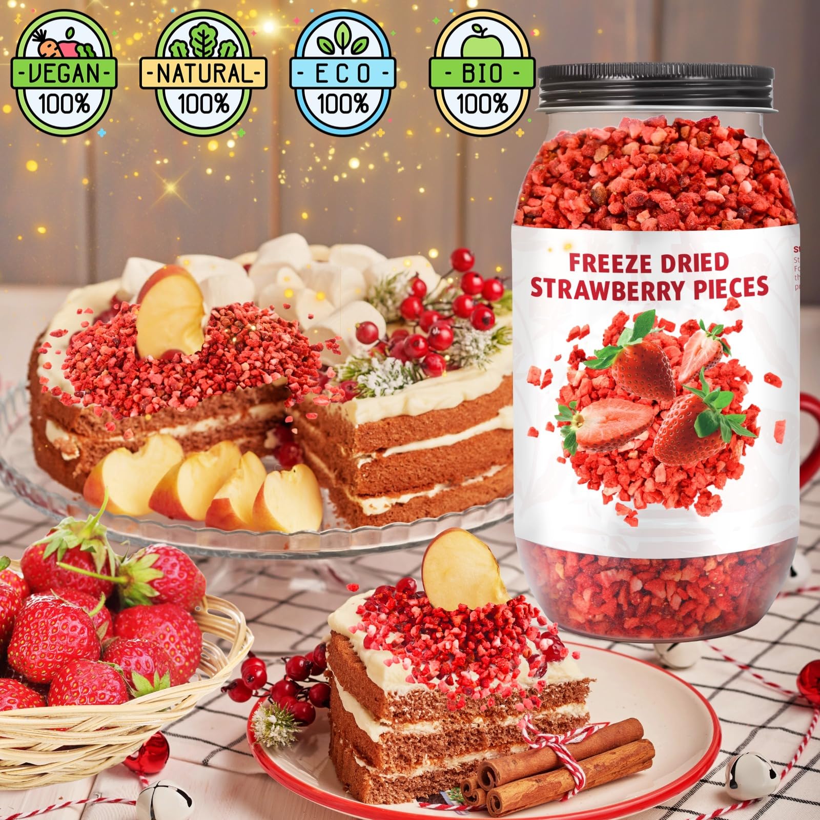 Premium Freeze Dried Strawberries - 8.82oz (250g) 100% Natural, Gluten-Free, Allergen-Free, Non-GMO Dried Strawberry Pieces for Snacks, Baking, Smoothies, Yogurt Topping & Camping Food - Sweet & Crunchy Strawberry Flakes