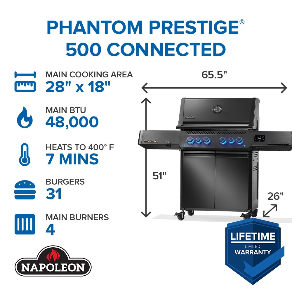 Napoleon Phantom Prestige® 500 RSIB Smart Gas Grill with Infrared Side & Rear Burners - Perfect for Outdoor Cooking, Backyard BBQs, and Patio Entertaining