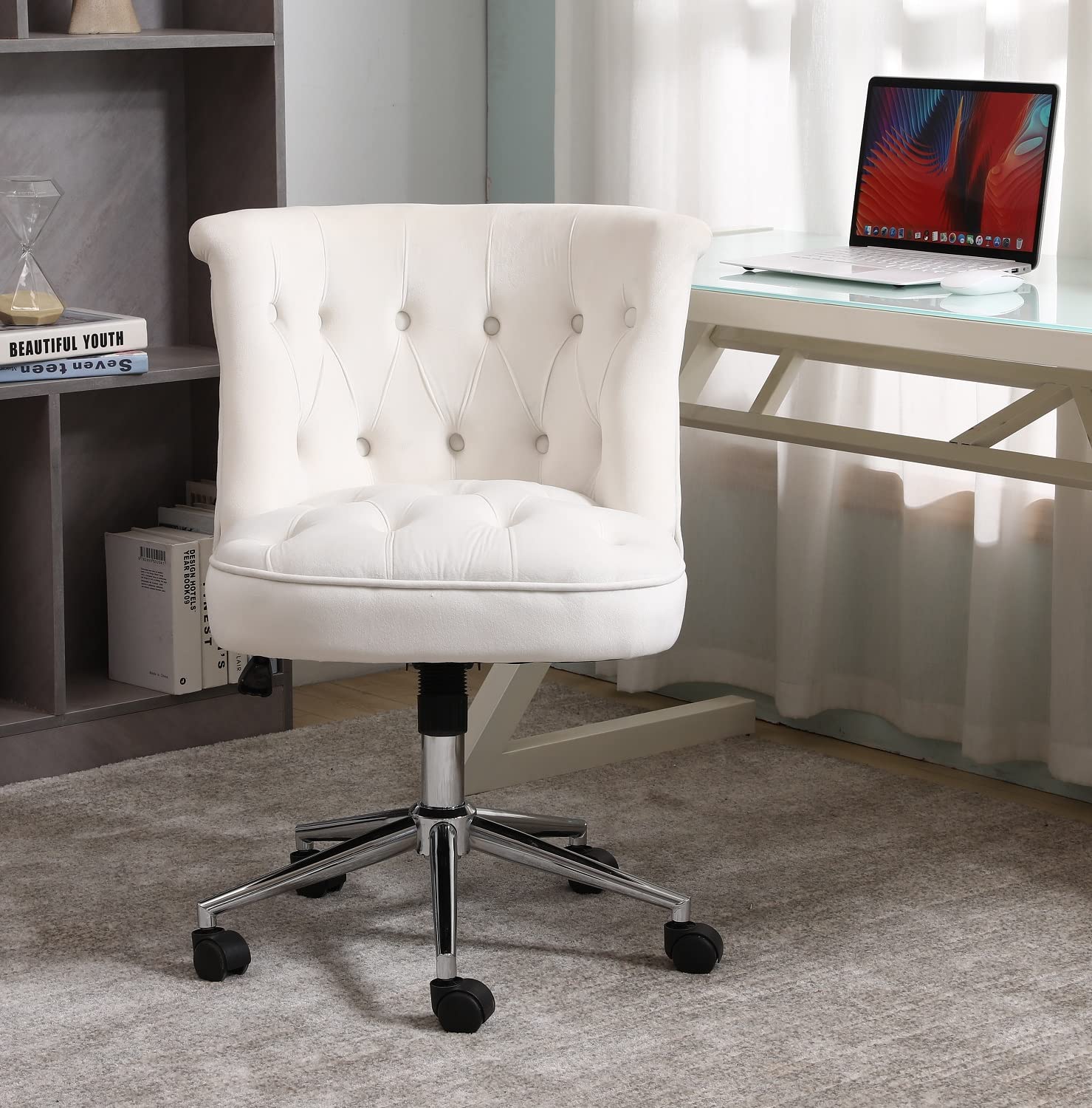Velvet Office Chair with Metal Base - Adjustable Swivel Desk Chair, Modern Upholstered Accent Chair for Home Office & Study Room (Beige) | Ergonomic Comfort for Long Work Sessions & Video Conferencing