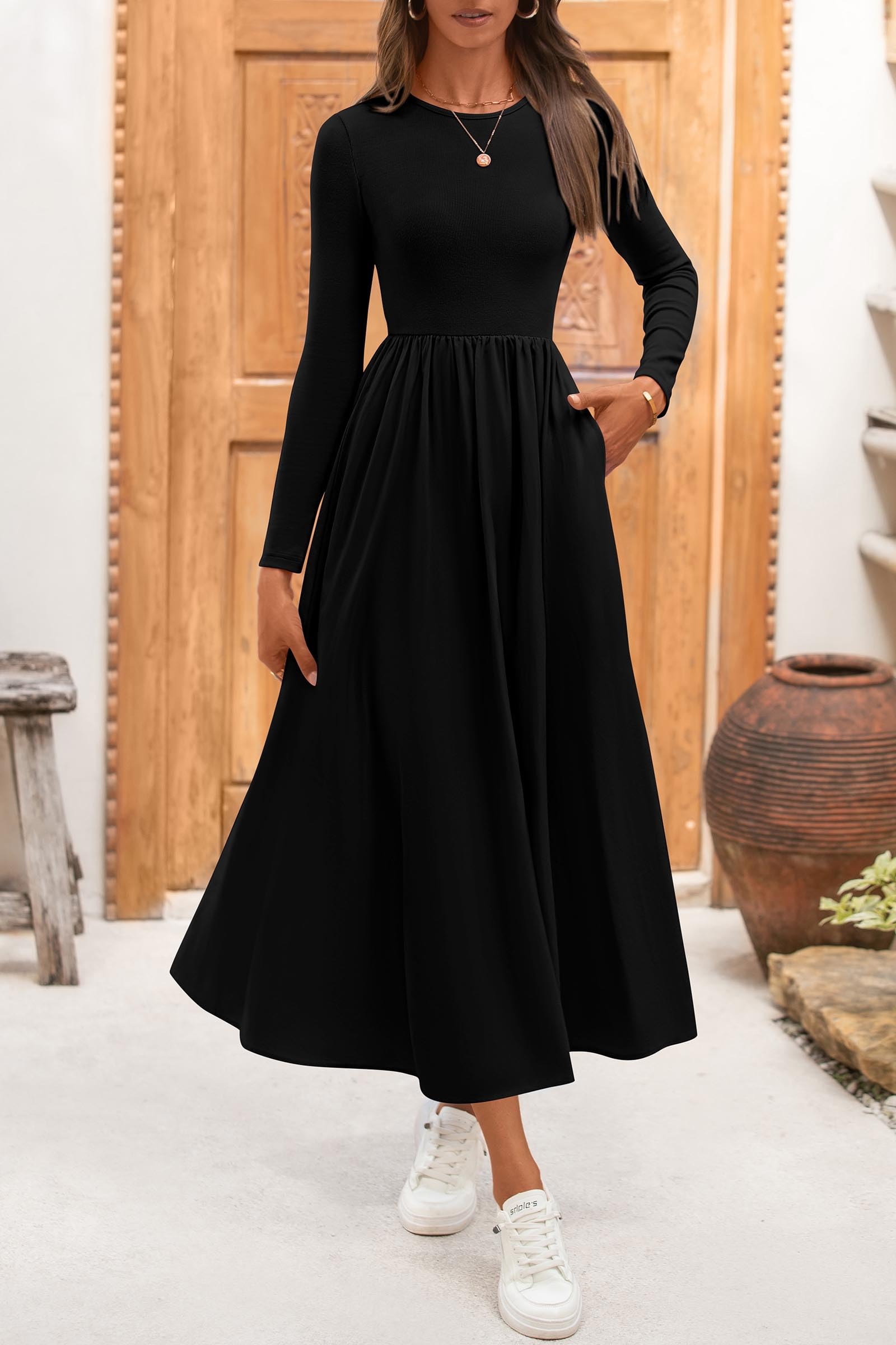 KIRUNDO Women's Casual Long Sleeve Boho Flowy Midi Dress with Pockets - Elegant Wedding Guest Dress for Spring Summer Fall 2025 | Perfect for Garden Parties, Bridal Showers & Date Nights