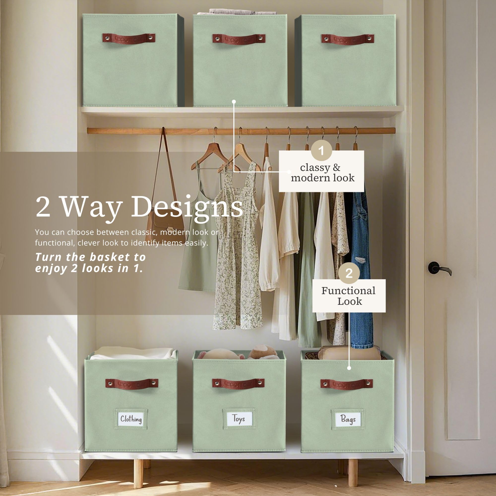 DECOMOMO Fabric Storage Bins 6-Pack, 10.5 x 11 Inch Cube Organizer Bins with Labels - Sage Green Closet & Shelf Organizers for Bedroom, Nursery, Office Storage Solutions