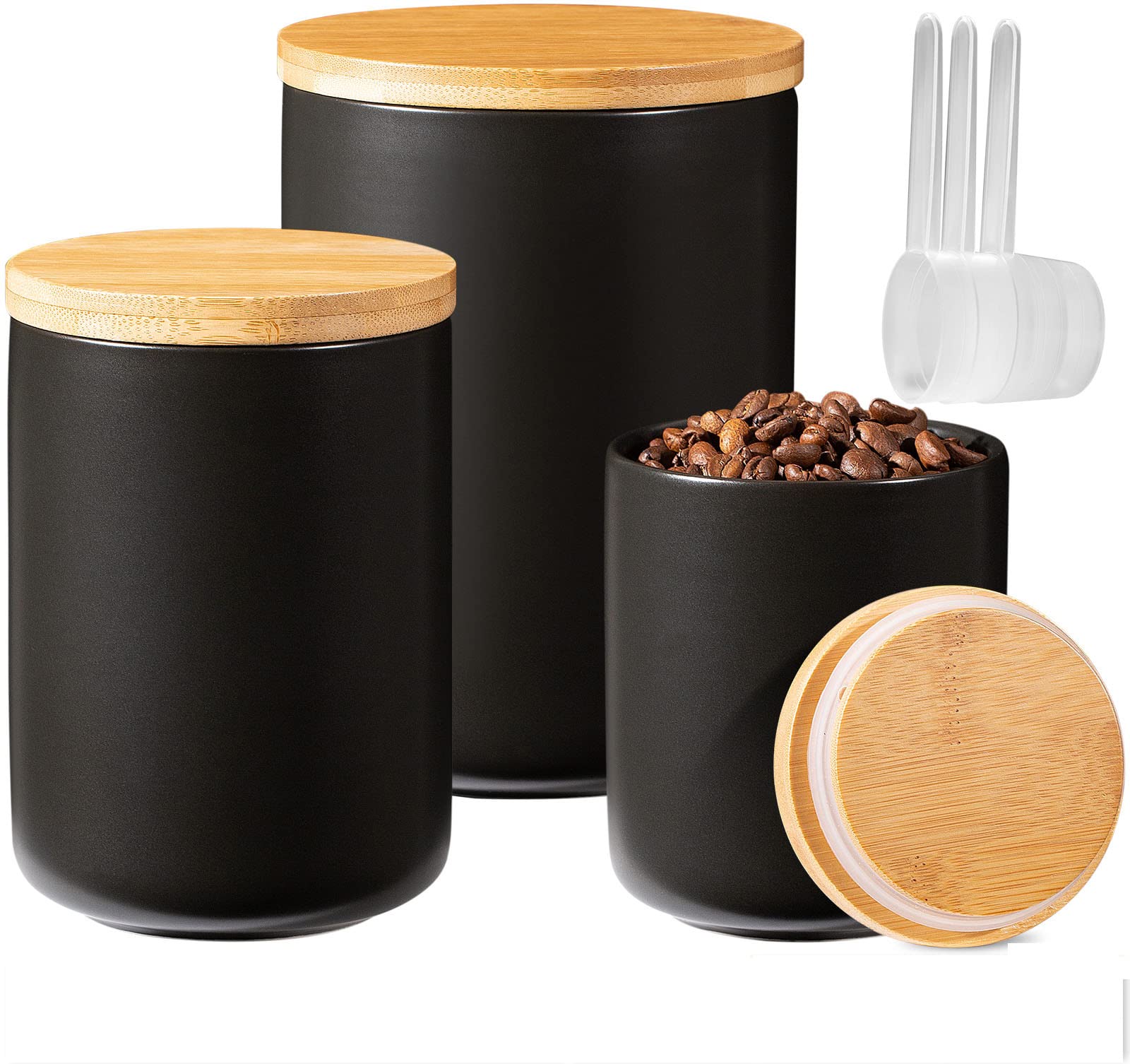 Yangbaga 3-Piece Ceramic Kitchen Canisters Set with Airtight Wood Lids - Ideal for Flour, Sugar, Coffee Storage - Perfect for Countertop Organization and Pantry Essentials