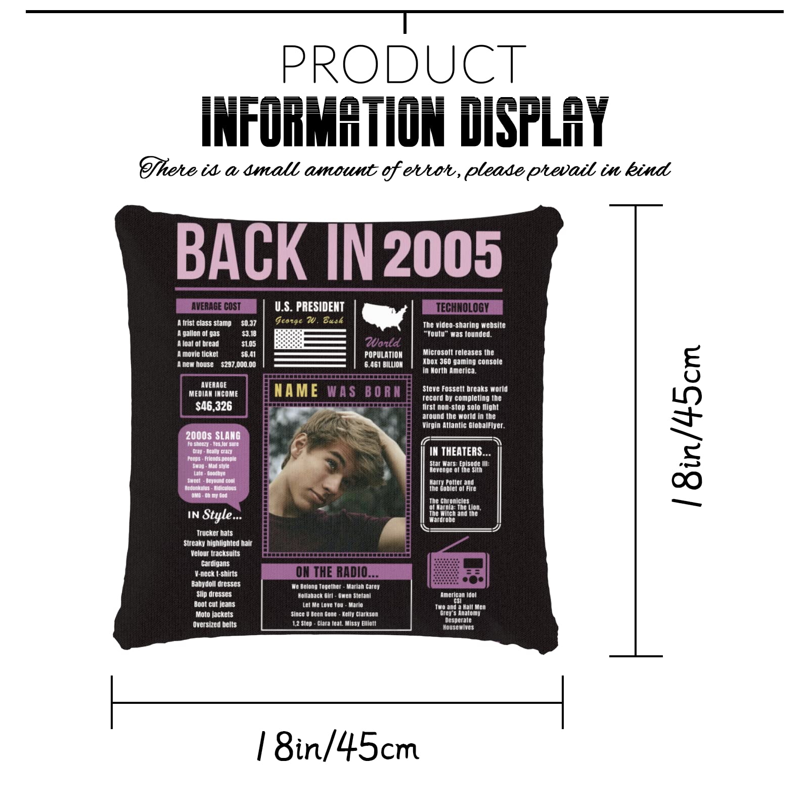Purple 19th Birthday Throw Pillow - Custom 2005 Birthday Decorations for Girls & Boys, Soft Pillowcase Gift for Men & Women - Perfect for Sofa Decor, Birthday Parties & Teen Room Decorations