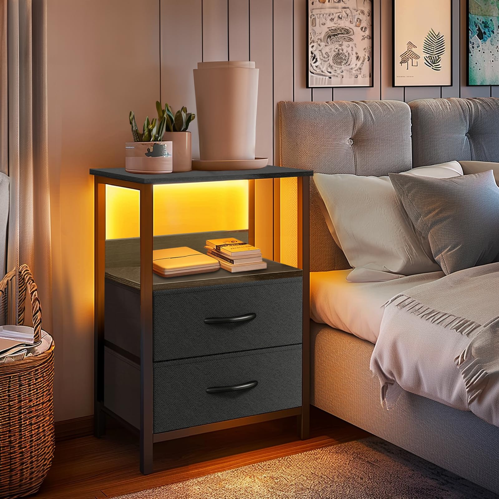 Modern Nightstand with USB Charging Station & Fabric Drawers - Bedside Table with Open Shelf & Power Outlets - Black End Table for Bedroom - Perfect for Phone Charging, Reading Lamps & Bedroom Storage