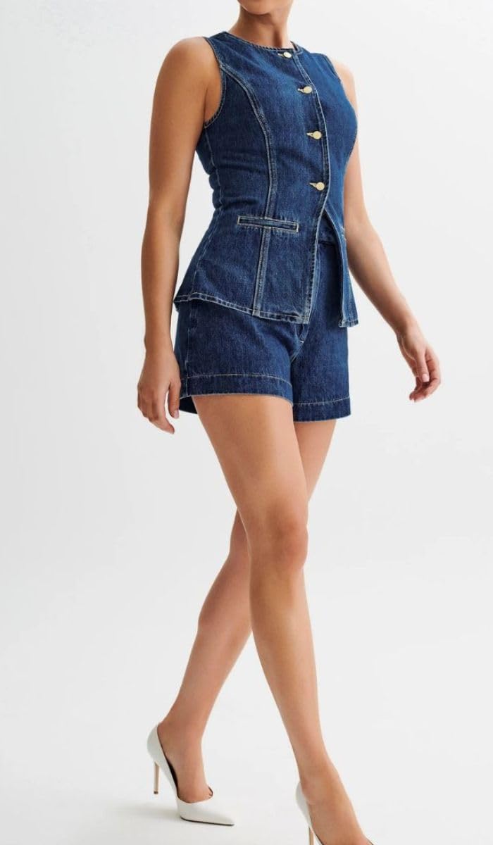 Women's Denim 2 Piece Set - Sleeveless Jean Blazer Vest & Shorts Outfit for Casual & Business Wear | Summer Street Style, Office Outfits, Weekend Brunch Looks
