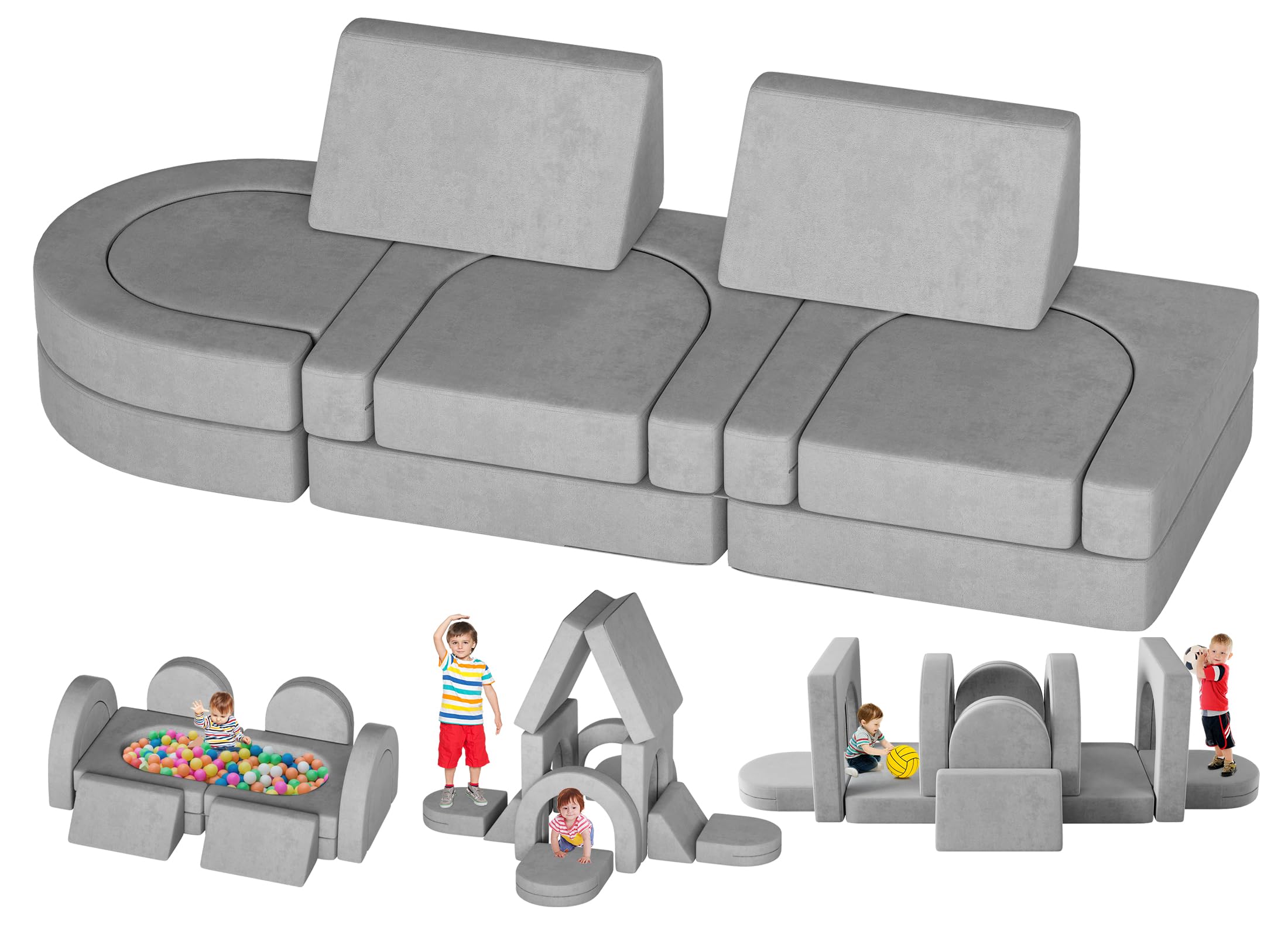 12PCS Modular Kids Play Couch with 2 Triangle Cushions & 4 Arches - Foldable Toddler Sofa for Playroom, Bedroom | Gray Children's Furniture for Boys & Girls | Perfect for Playtime, Reading Nook & Nap Space