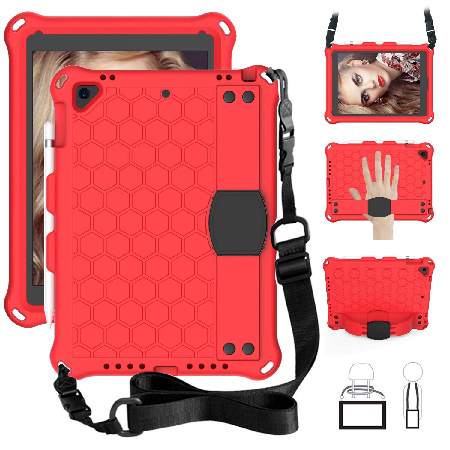UGOcase Shockproof iPad 5th/6th Gen Case with Kickstand - Compatible with iPad Air 2/Air & iPad Pro 9.7 - Kids Protective Cover with Pencil Holder, Adjustable Shoulder Strap & Hand Strap - Durable Silicone Case for 9.7 inch iPad (Red) - Perfect for School, Travel & Outdoor Activities