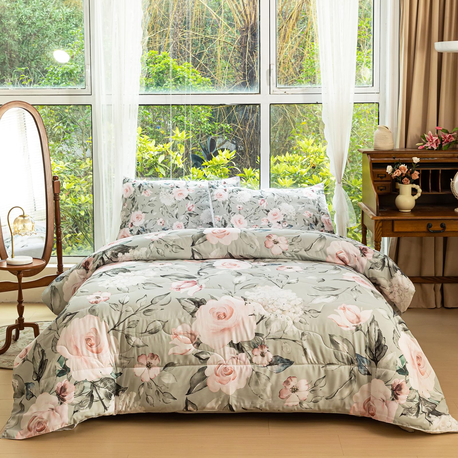 Vintage Pink Floral Comforter Set Full Size - Rose & Botanical Leaf Print Bedding for Women | Soft Grey Green Modern Trendy Bed Set | Perfect for Master Bedroom, Guest Room & Dorm Decor