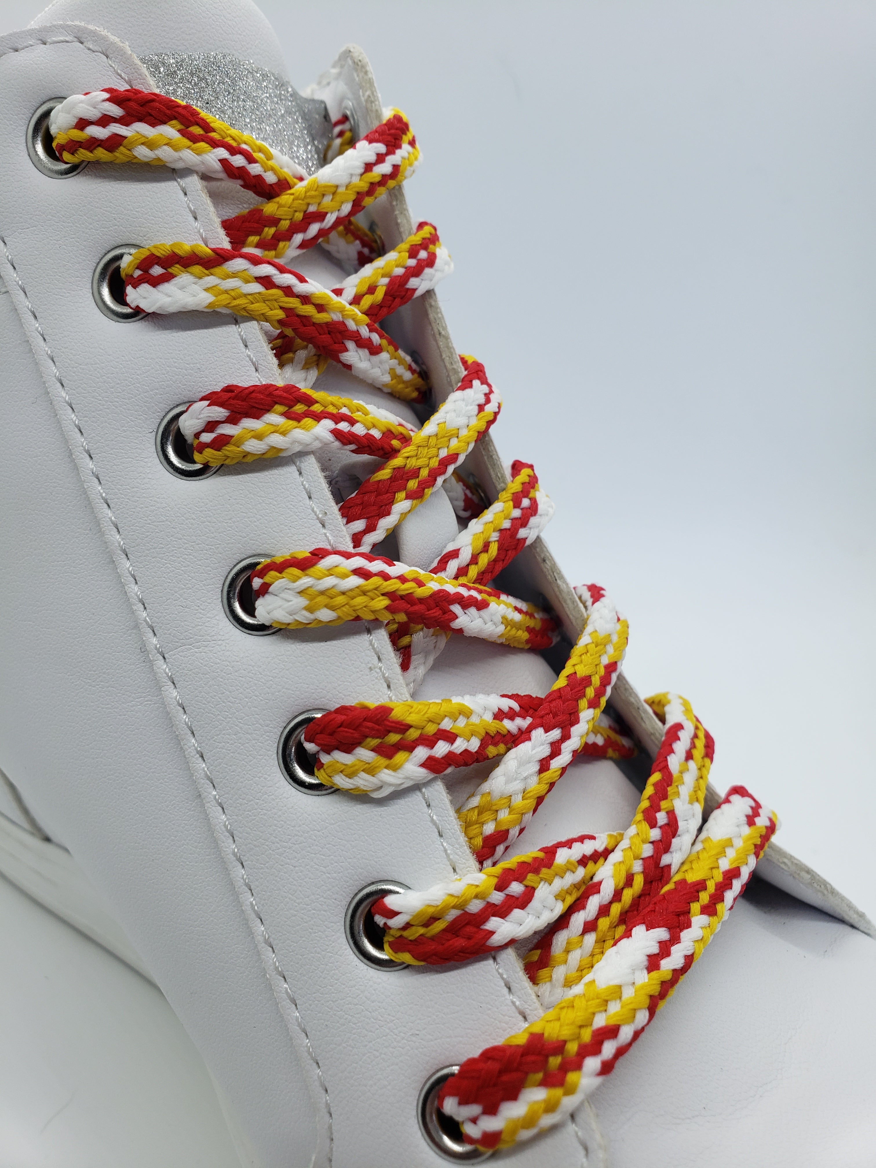 Vibrant Hybrid Multicolor Shoelaces - Yellow, Red & White for Sneakers, Running Shoes & Casual Footwear | Durable & Stylish Lace Upgrade