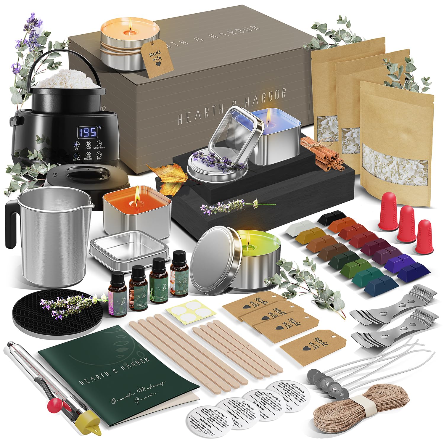 Hearth & Harbor Soy Candle Making Kit for Adults & Kids - DIY Candle Making Supplies with Melter & Electric Pot - 2 Lbs Soy Wax, Wicks, Fragrance Oils - Perfect for Home Decor, Gifts & Relaxation
